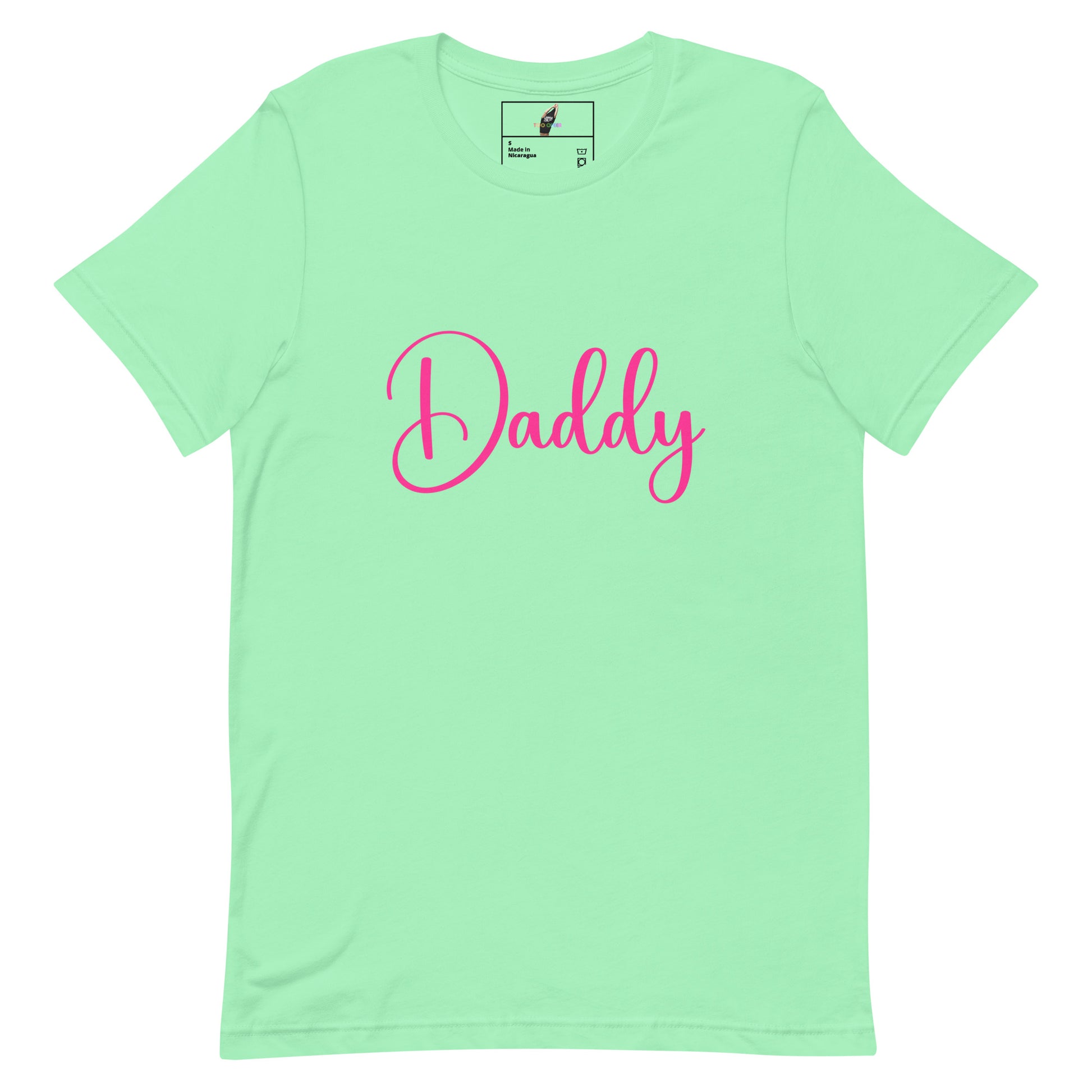 A mint green short-sleeve crewneck t-shirt featuring the word 'Daddy' printed across the chest in bright pink cursive script, displayed on a clean white background.