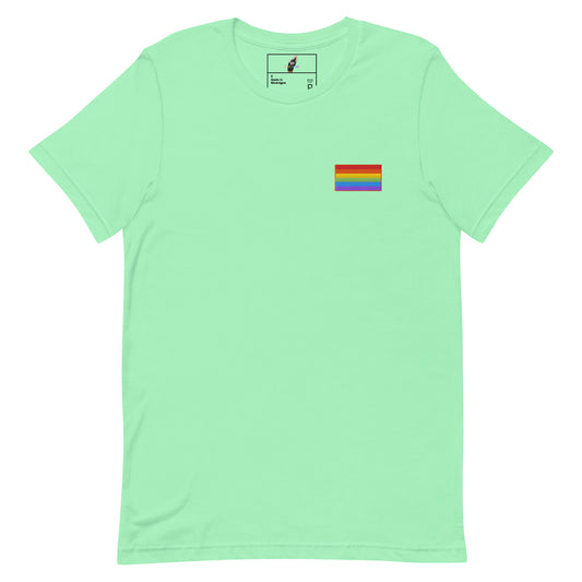 A mint green short-sleeve crewneck t-shirt featuring a small rainbow pride flag graphic on the left chest, displayed against a solid white background.