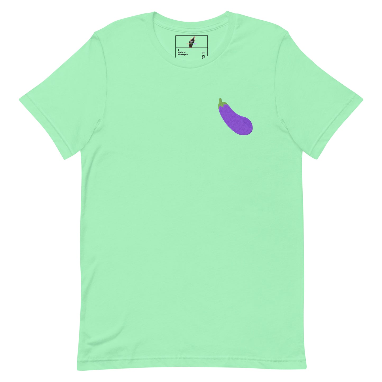 A mint green short-sleeve crewneck t-shirt featuring a small purple eggplant graphic on the left chest, displayed on a clean white background.