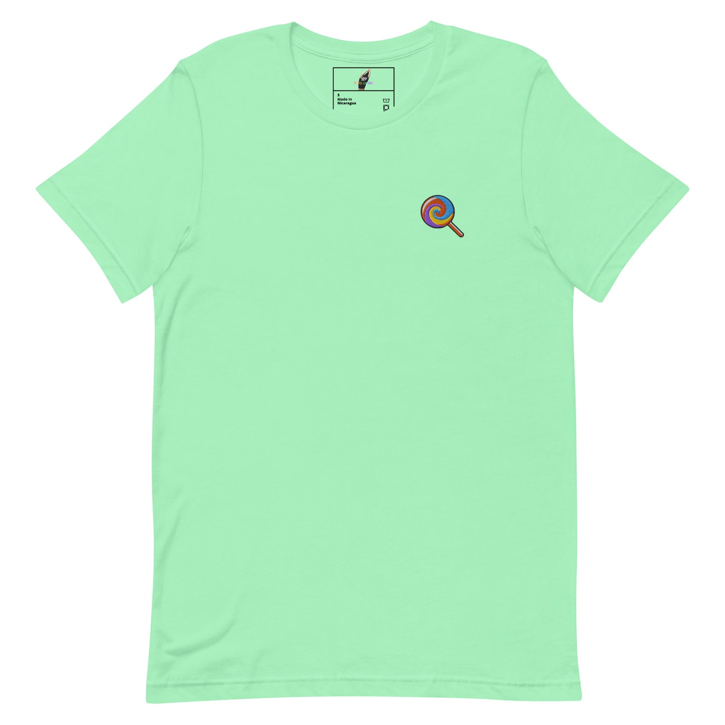 A mint green short-sleeve crewneck t-shirt with a small colorful circular graphic on the left chest, displayed flat against a solid white background.