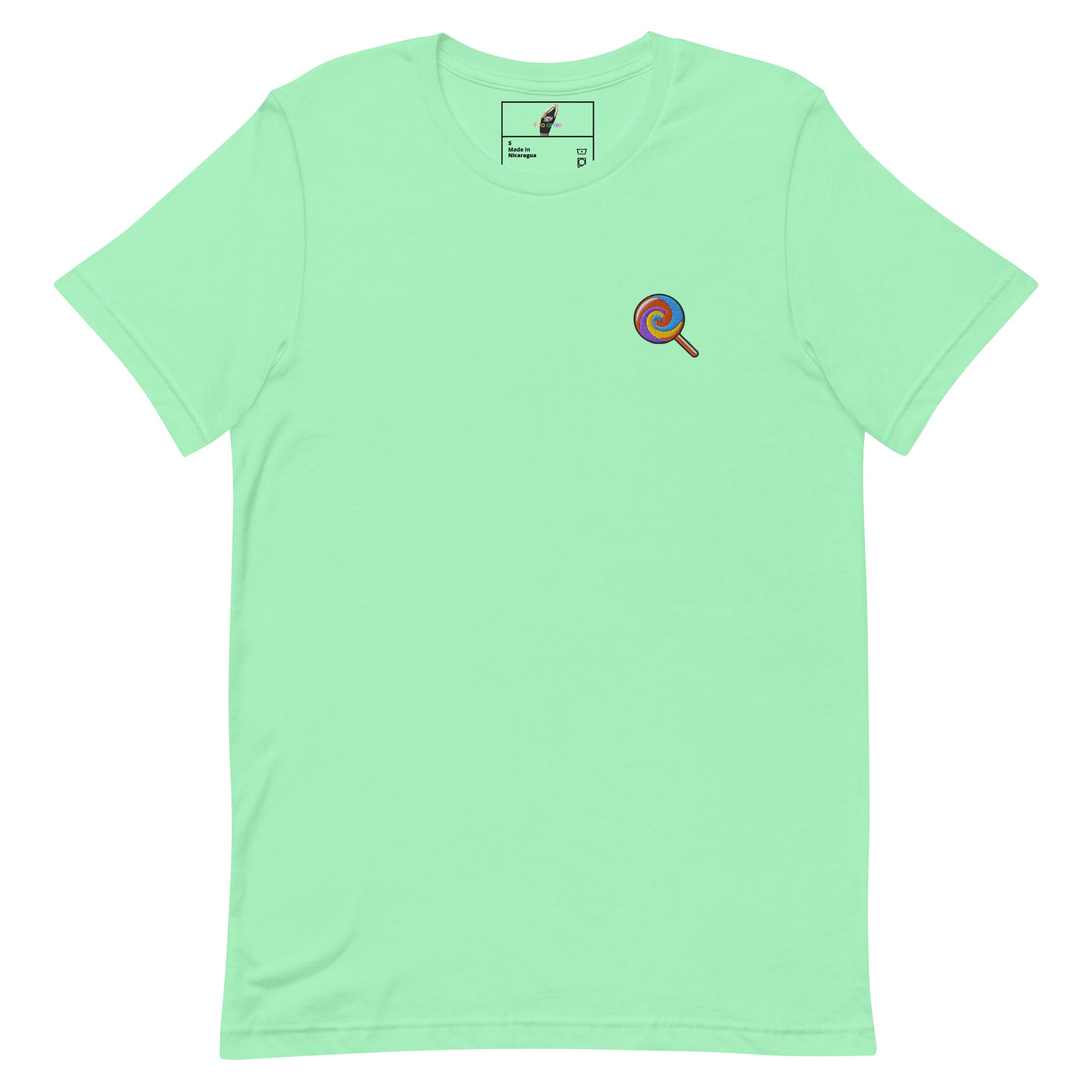 A mint green short-sleeve crewneck t-shirt with a small colorful circular graphic on the left chest, displayed flat against a solid white background.