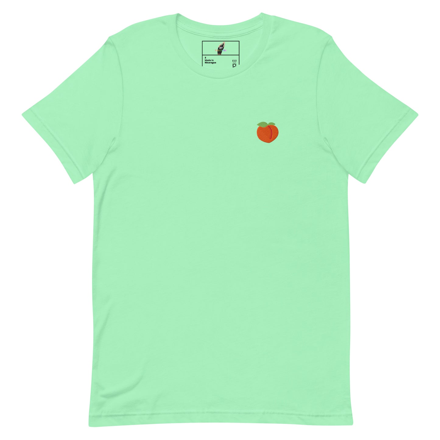 A mint green short-sleeve crewneck t-shirt with a small red apple graphic on the left chest, displayed flat against a solid white background.