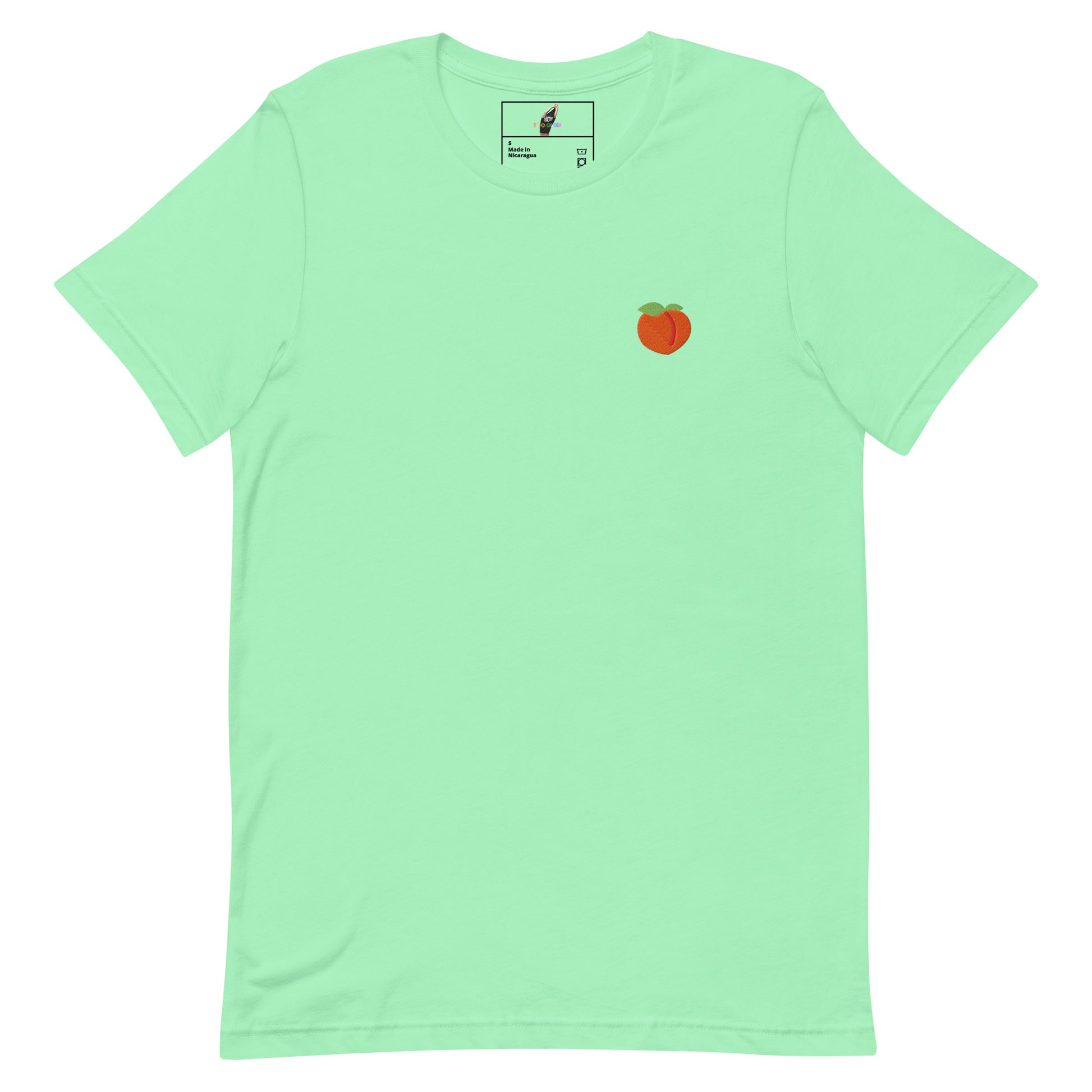 A mint green short-sleeve crewneck t-shirt with a small red apple graphic on the left chest, displayed flat against a solid white background.