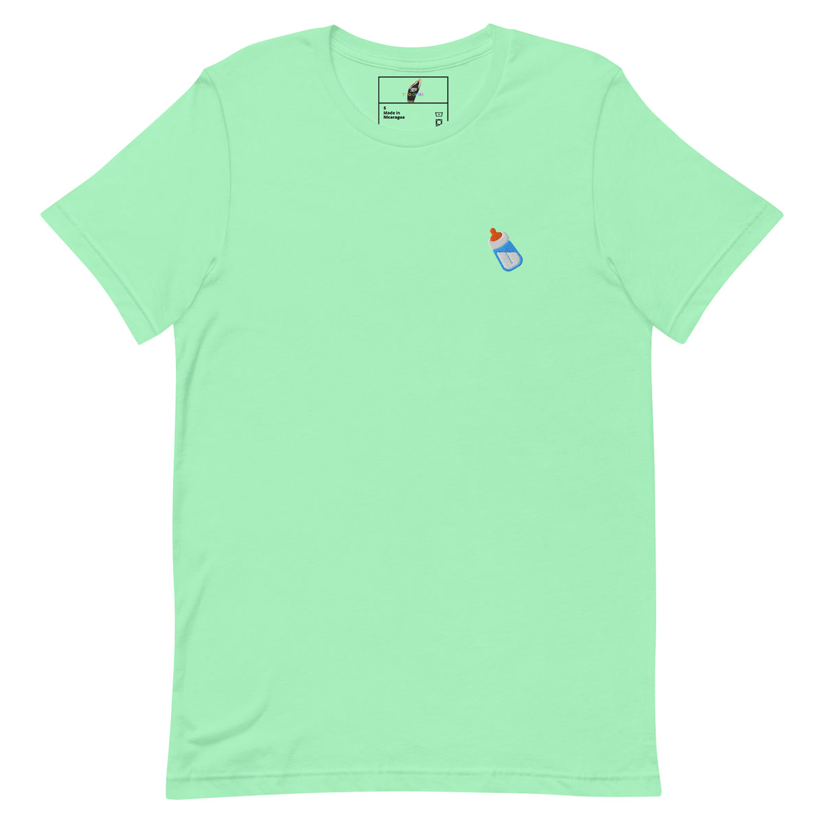A mint green short-sleeve crewneck t-shirt with a small graphic of a blue and red bottle on the left chest, displayed flat against a white background.