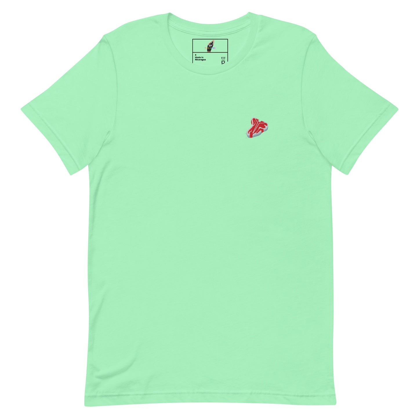 A mint green short-sleeve crewneck t-shirt with a small red embroidered graphic on the left chest, displayed flat against a solid white background.