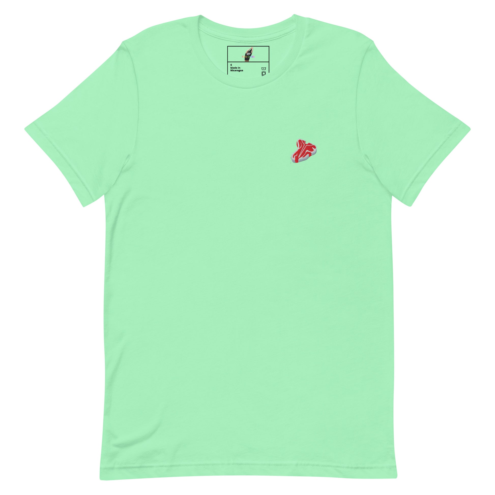 A mint green short-sleeve crewneck t-shirt with a small red embroidered graphic on the left chest, displayed flat against a solid white background.