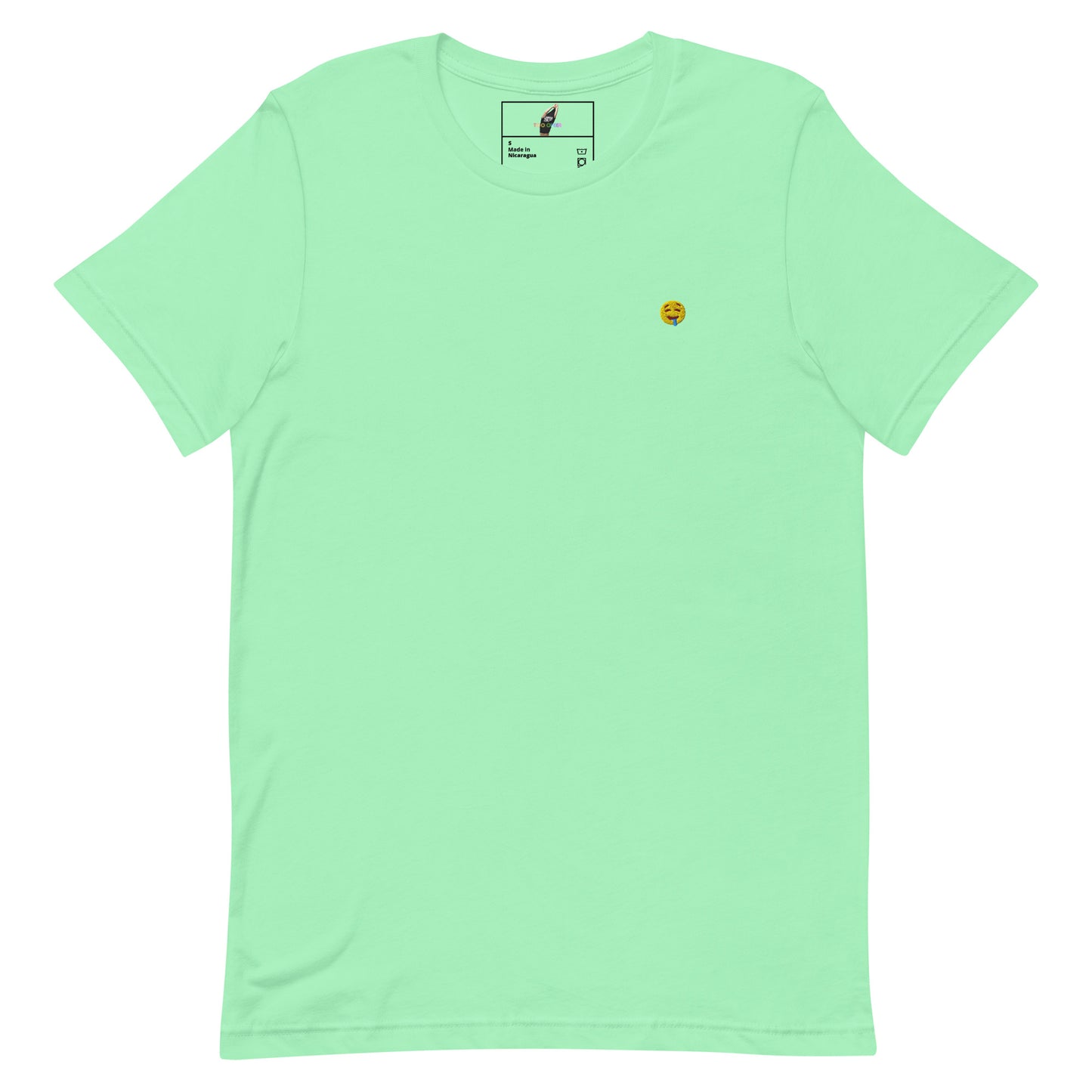 A mint green short-sleeve crewneck t-shirt with a small yellow smiley face graphic on the left chest, displayed flat against a solid white background.