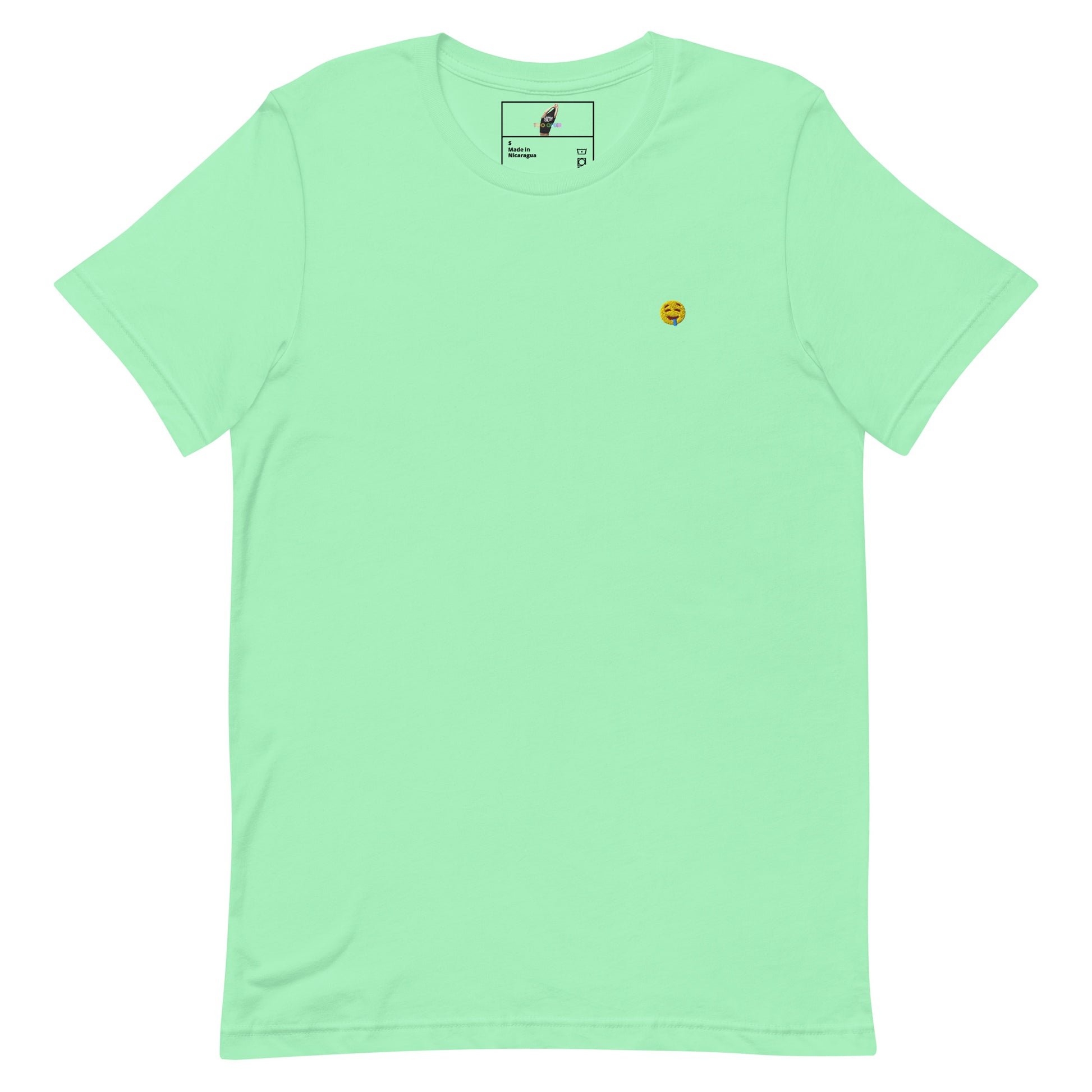 A mint green short-sleeve crewneck t-shirt with a small yellow smiley face graphic on the left chest, displayed flat against a solid white background.