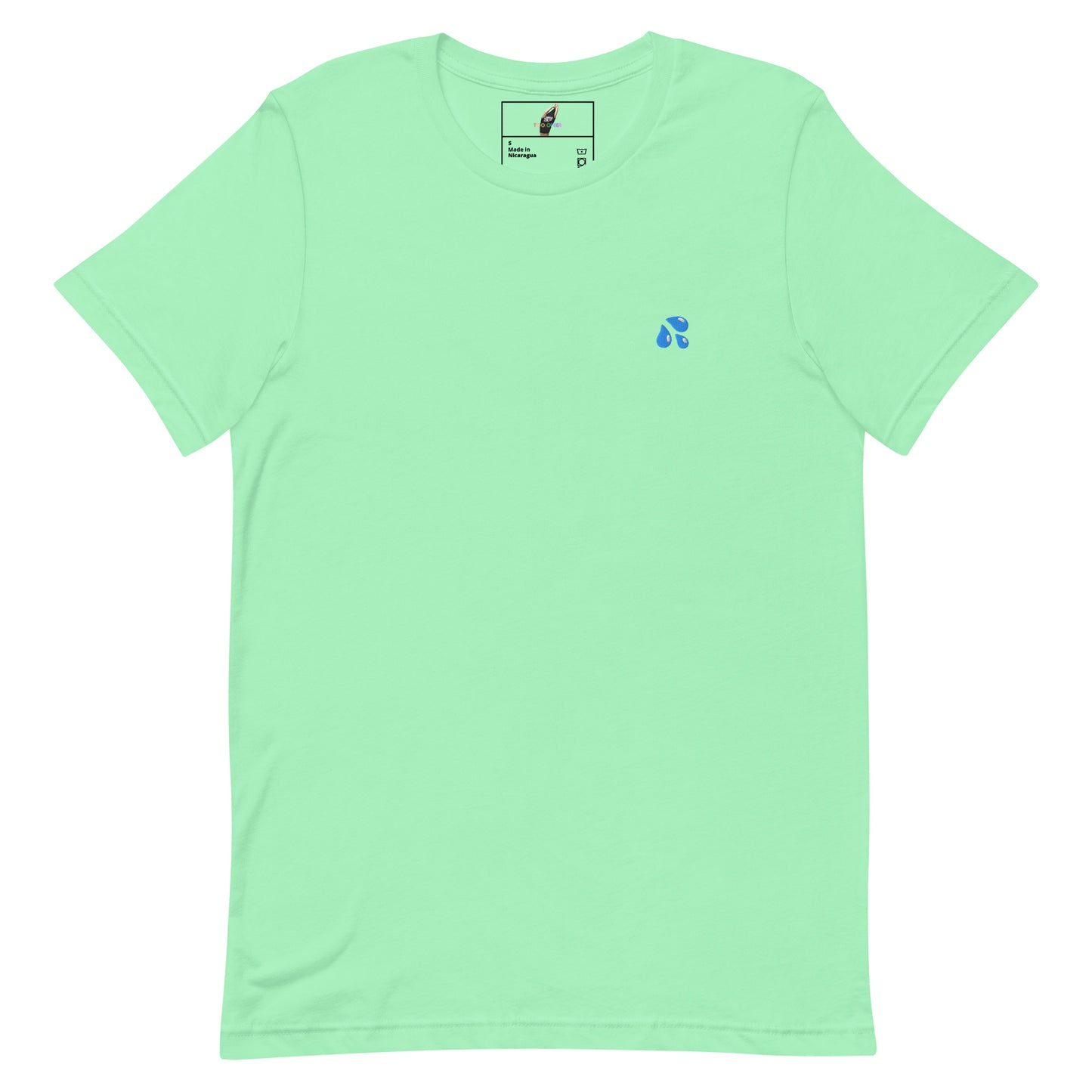 A mint green short-sleeve crewneck t-shirt with a small blue droplet logo on the left chest, displayed flat against a solid white background.