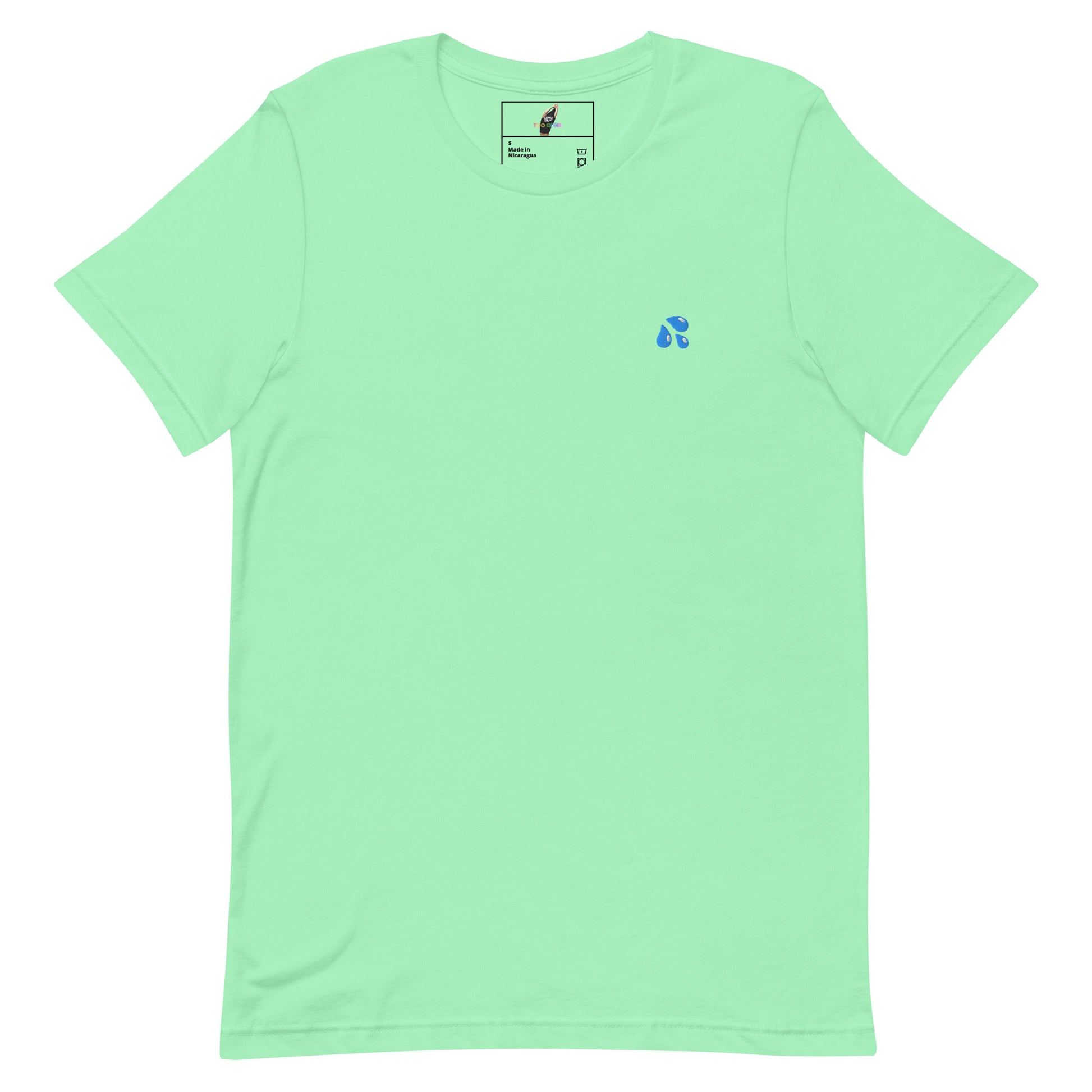 A mint green short-sleeve crewneck t-shirt with a small blue droplet logo on the left chest, displayed flat against a solid white background.