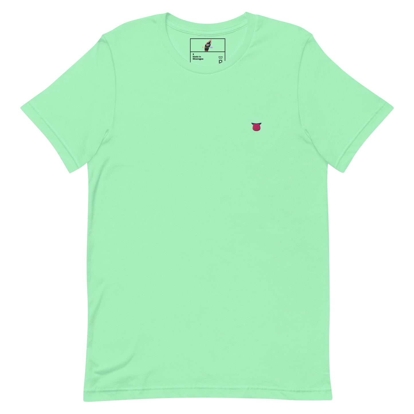 A mint green short-sleeve crewneck t-shirt with a small embroidered red and black bird logo on the left chest, displayed flat against a white background.