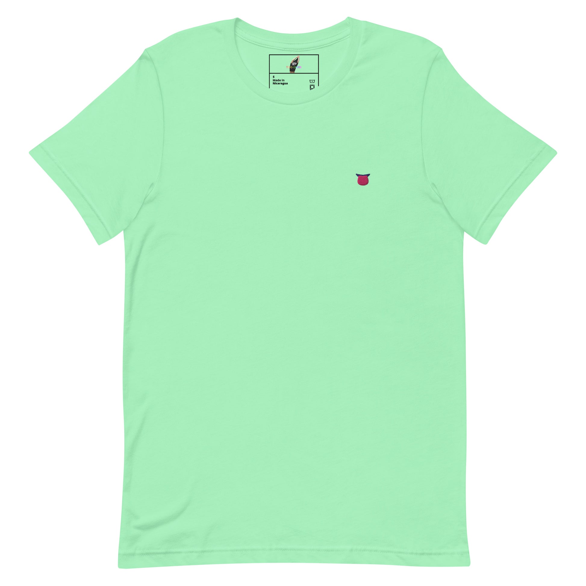 A mint green short-sleeve crewneck t-shirt with a small embroidered red and black bird logo on the left chest, displayed flat against a white background.