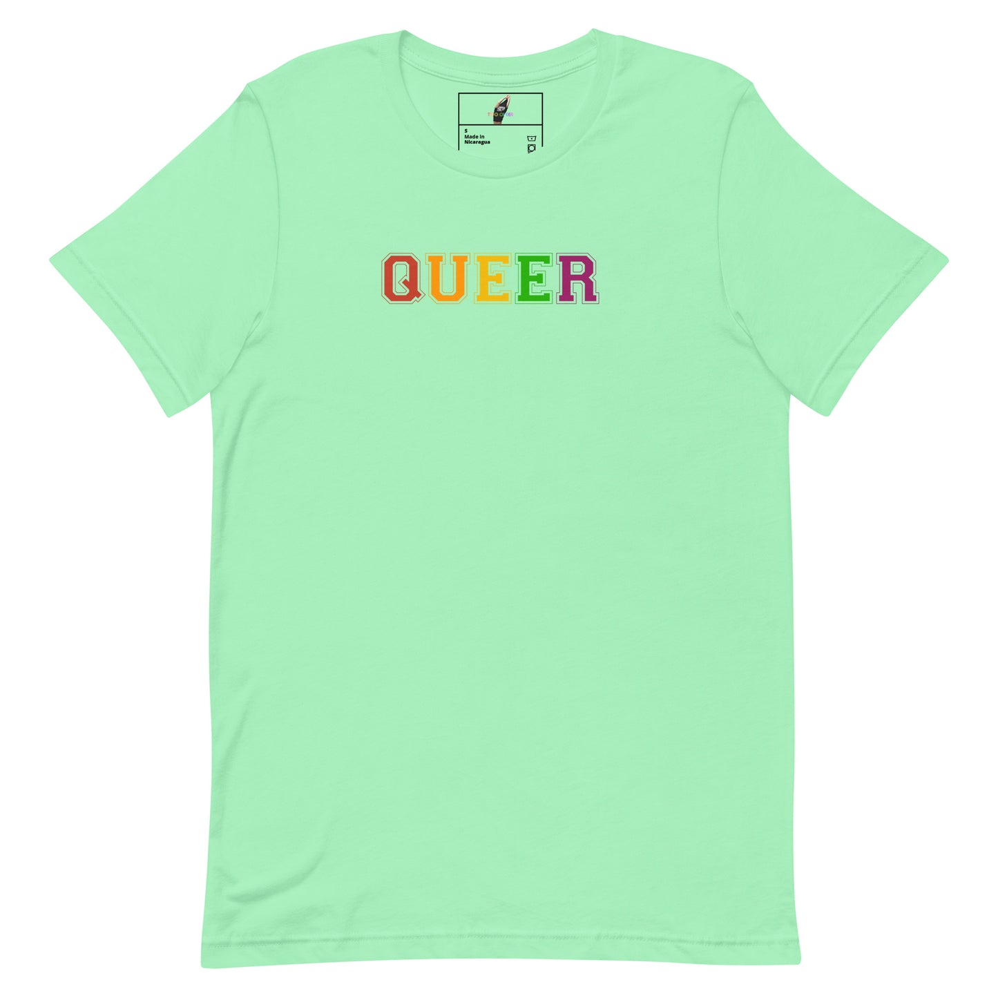A mint green short-sleeve t-shirt with the word 'QUEER' printed across the chest in rainbow-colored block letters, displayed on a clean white background.