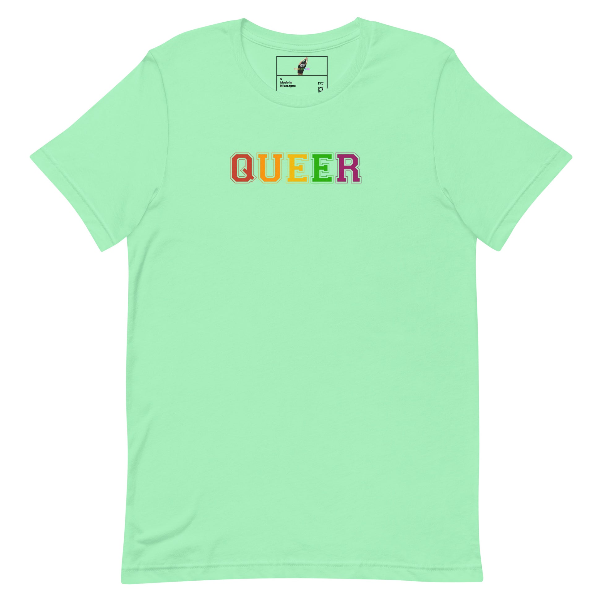 A mint green short-sleeve t-shirt with the word 'QUEER' printed across the chest in rainbow-colored block letters, displayed on a clean white background.