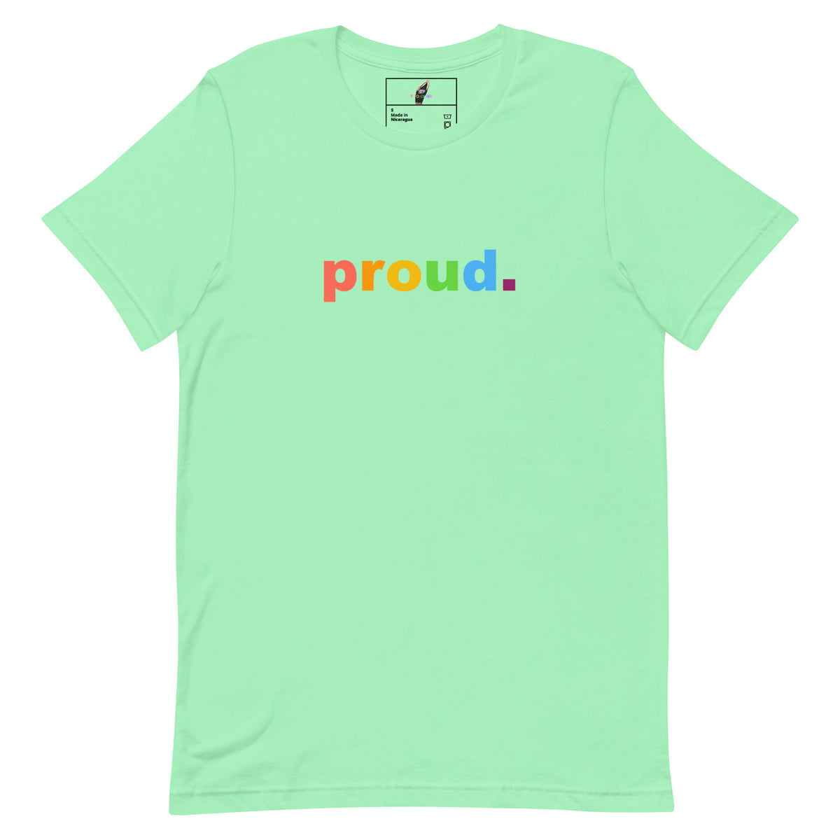 A mint green short-sleeve crewneck t-shirt featuring the word 'proud.' printed across the chest in a rainbow gradient.