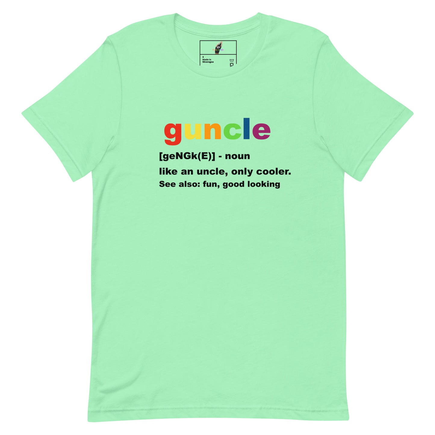 A mint green short-sleeve t-shirt with a colorful graphic on the chest. The graphic features the word 'guncle' in a rainbow gradient, followed by a dictionary-style definition in black text: '[geNGk(E)] - noun like an uncle, only cooler.