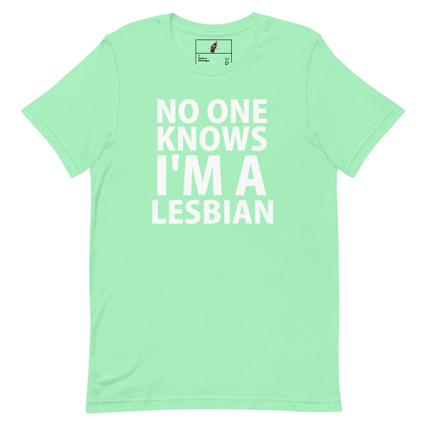 A mint green short-sleeve t-shirt with bold white text on the front reading 'NO ONE KNOWS I'M A LESBIAN'. The shirt is displayed flat against a solid white background, with a small brand label visible inside the collar.