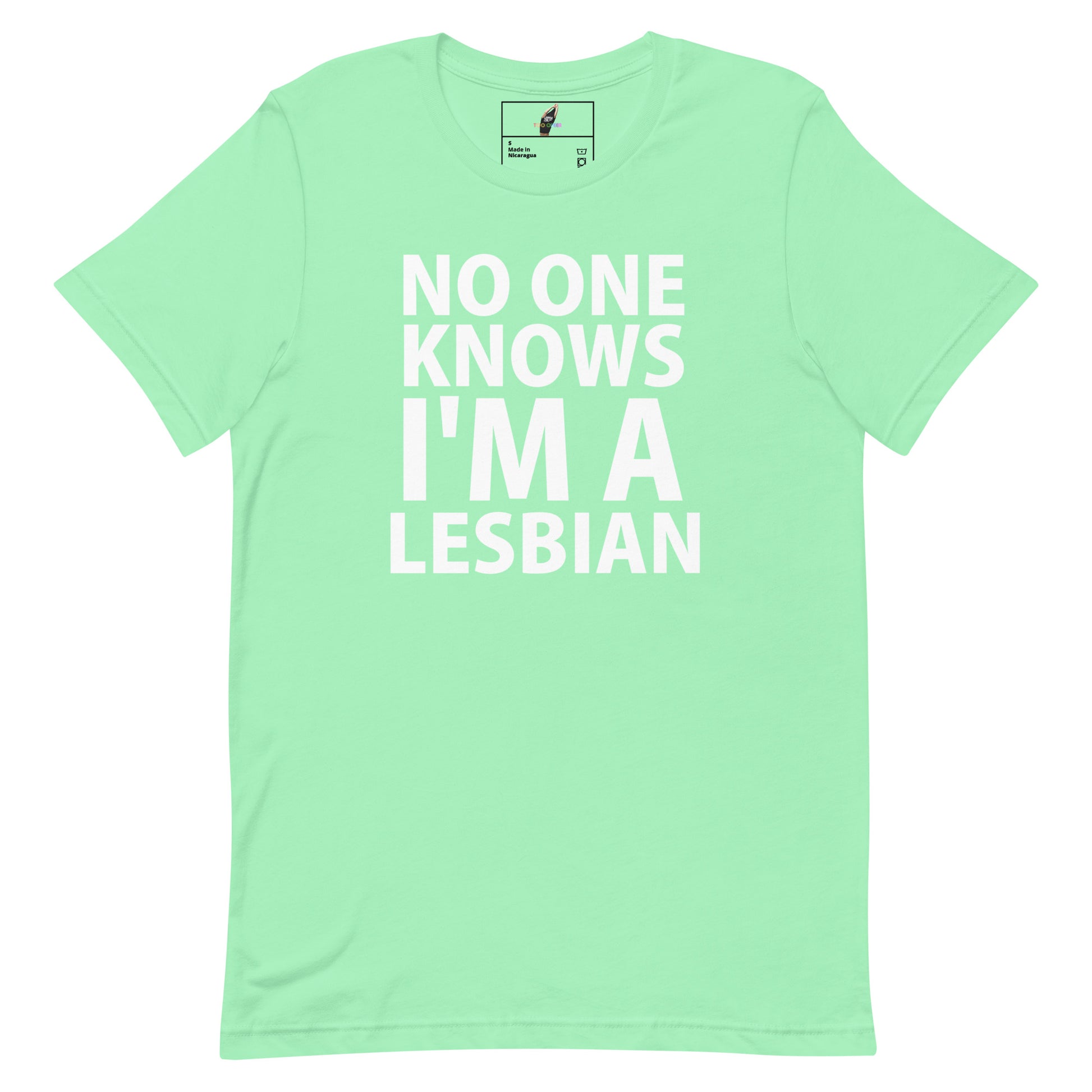 A mint green short-sleeve t-shirt with bold white text on the front reading 'NO ONE KNOWS I'M A LESBIAN'. The shirt is displayed flat against a solid white background, with a small brand label visible inside the collar.