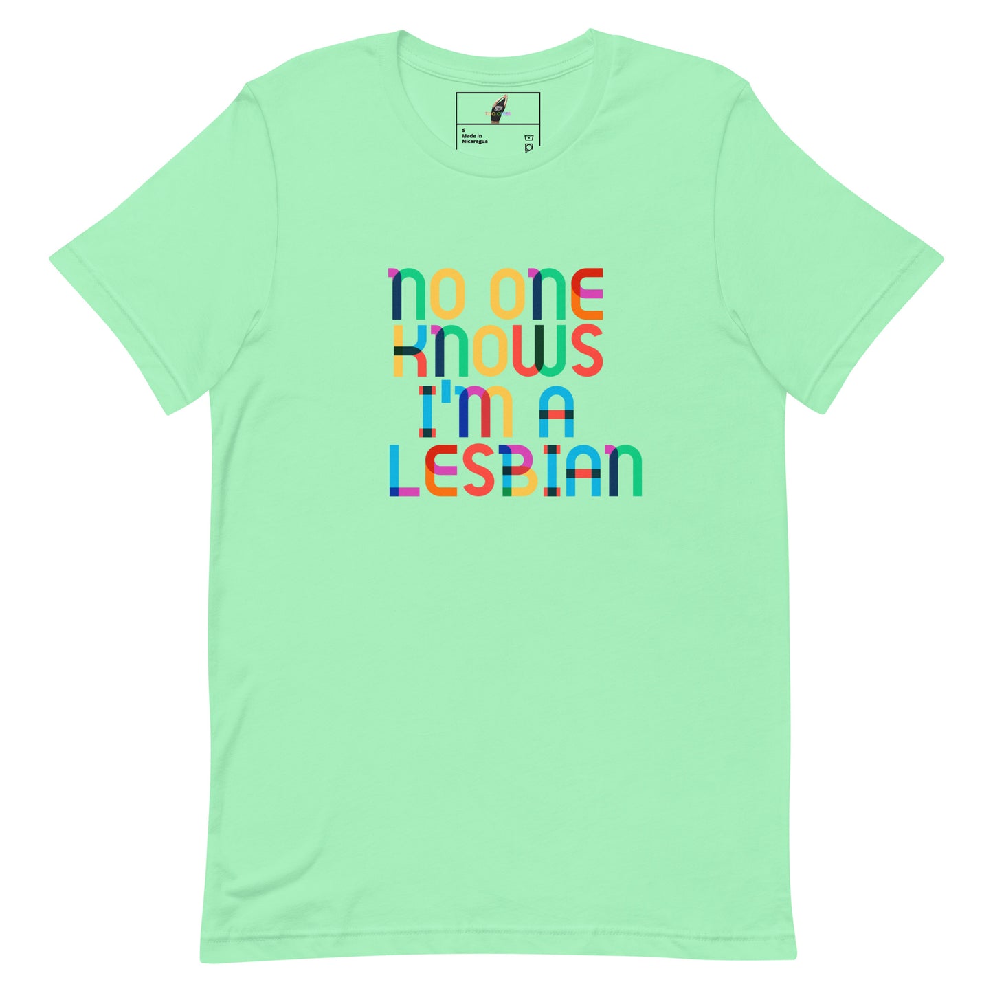 A mint green short-sleeve t-shirt with a colorful graphic text print reading 'no one knows i'm a lesbian' in rainbow-colored letters, displayed on a clean white background.