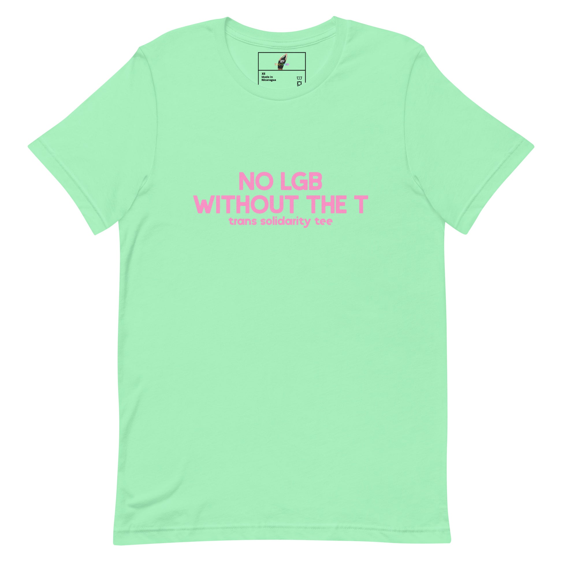 A mint green short-sleeve t-shirt with pink text on the chest reading 'NO LGB WITHOUT THE T' and 'trans visibility tee'. The inside collar shows a small green and pink logo.