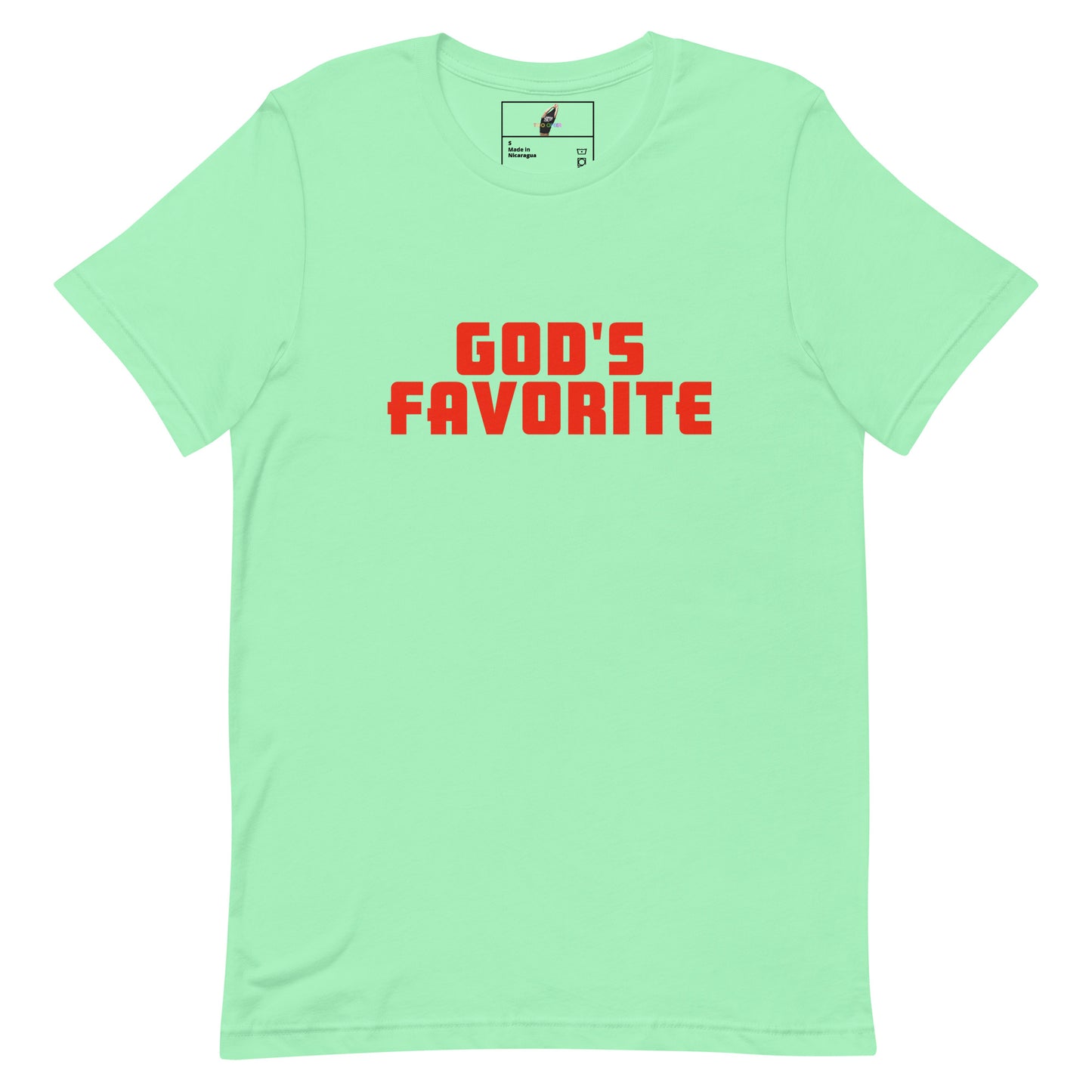 A mint green short-sleeve t-shirt with the phrase 'GOD'S FAVORITE' printed in bold red block letters across the chest, displayed on a clean white background.
