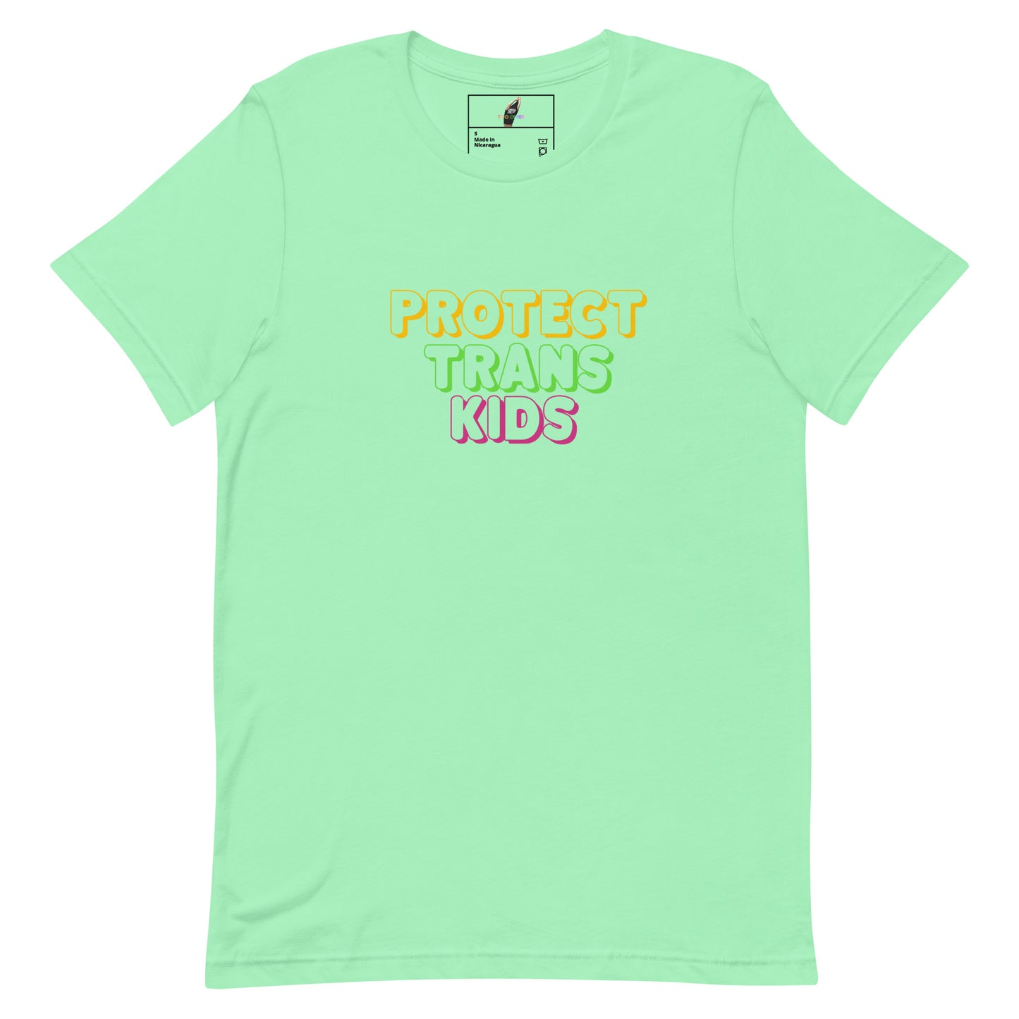 A mint green short-sleeve t-shirt with the text 'PROTECT TRANS KIDS' printed on the chest in yellow, green, and pink bubble letters, shown against a plain white background.
