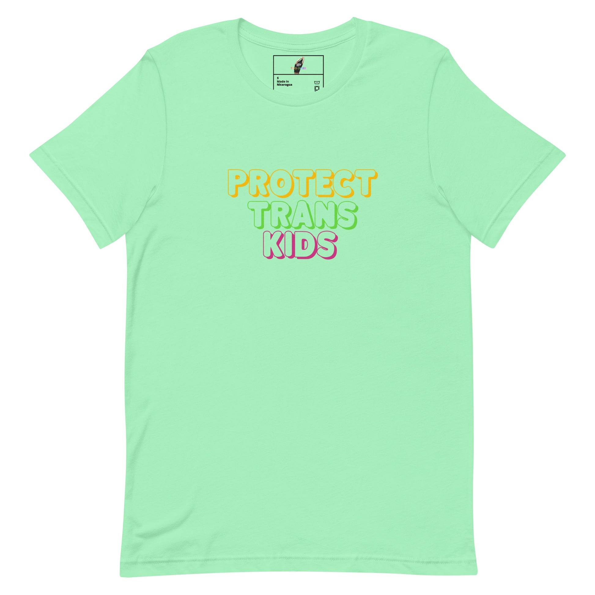 A mint green short-sleeve t-shirt with the text 'PROTECT TRANS KIDS' printed on the chest in yellow, green, and pink bubble letters, shown against a plain white background.