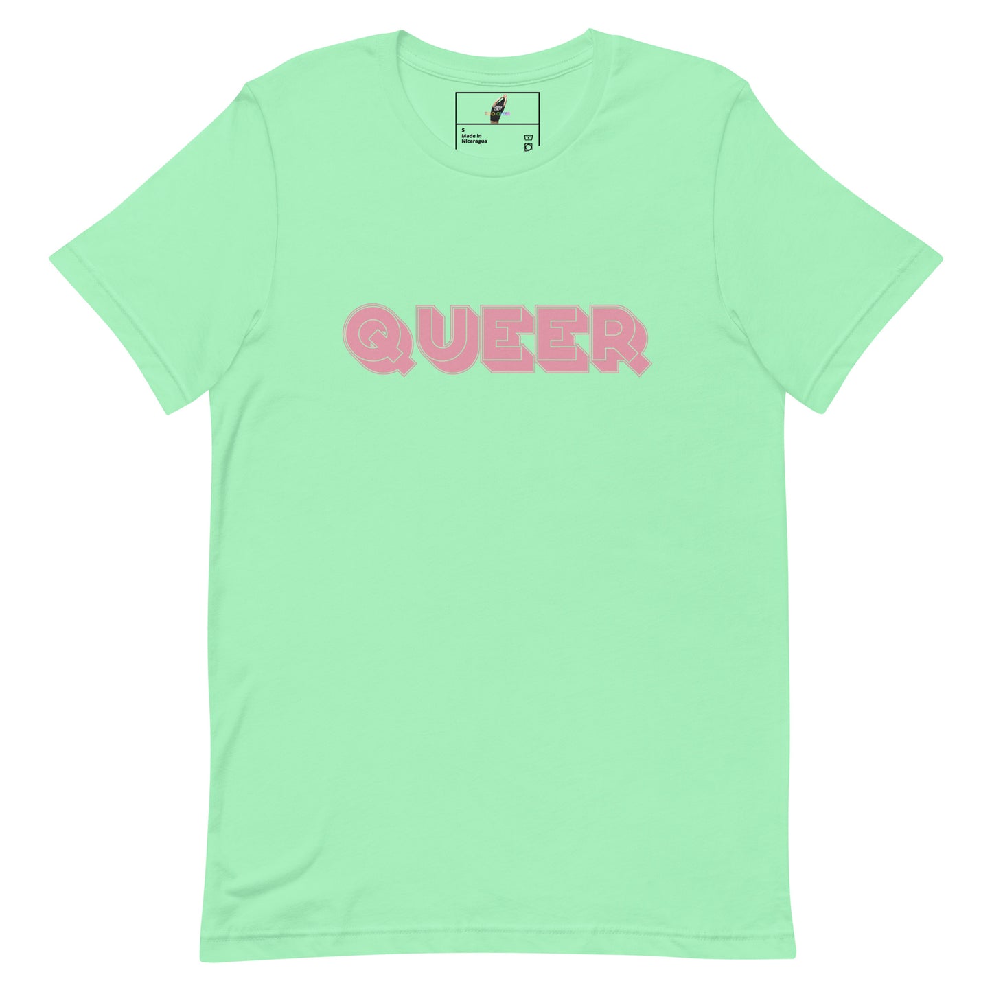 A mint green short-sleeve crewneck t-shirt featuring the word 'QUEER' printed across the chest in a pink bubbly font, displayed on a clean white background.