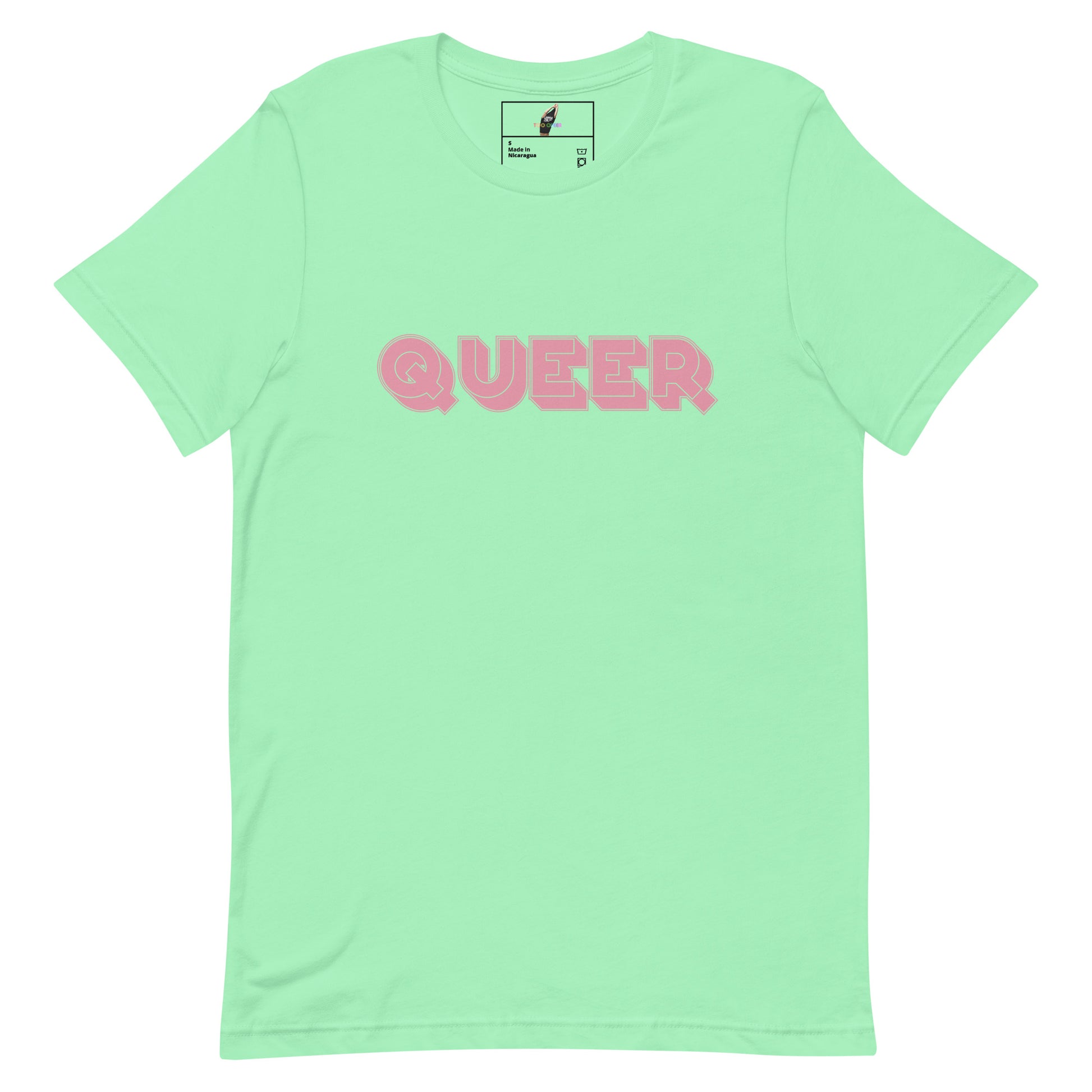 A mint green short-sleeve crewneck t-shirt featuring the word 'QUEER' printed across the chest in a pink bubbly font, displayed on a clean white background.