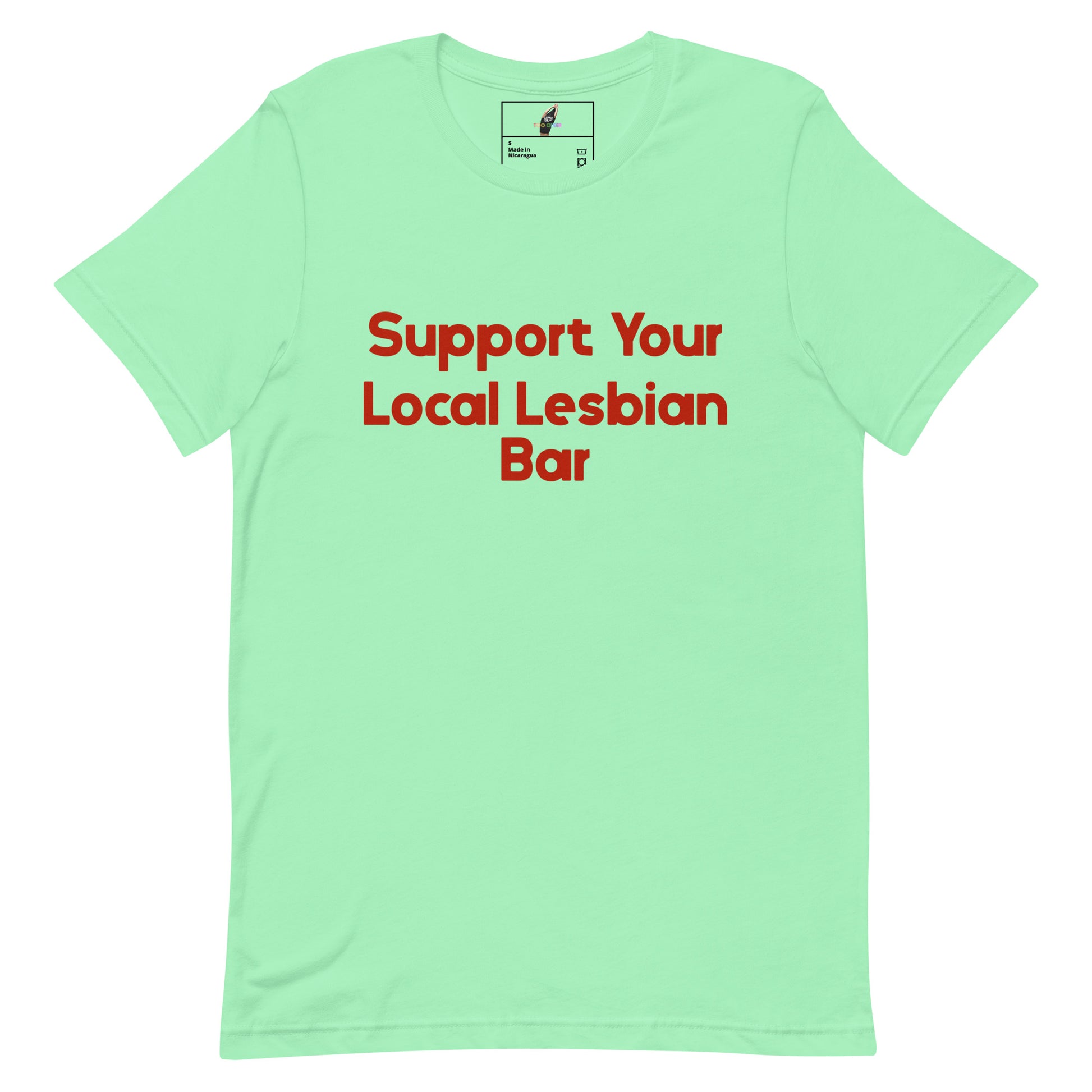 A mint green short-sleeve t-shirt with the phrase 'Support Your Local Lesbian Bar' printed in red across the chest, displayed on a solid white background.