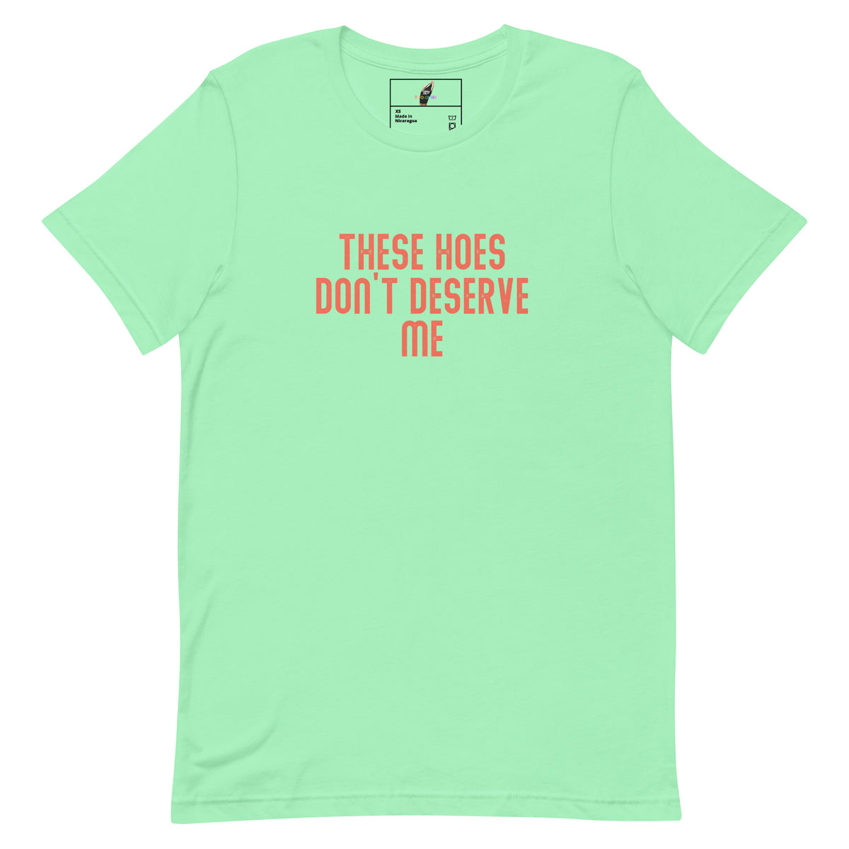 A mint green short-sleeve crewneck t-shirt with the text 'THESE HOES DON'T DESERVE ME' printed in coral orange on the chest, displayed flat against a white background.