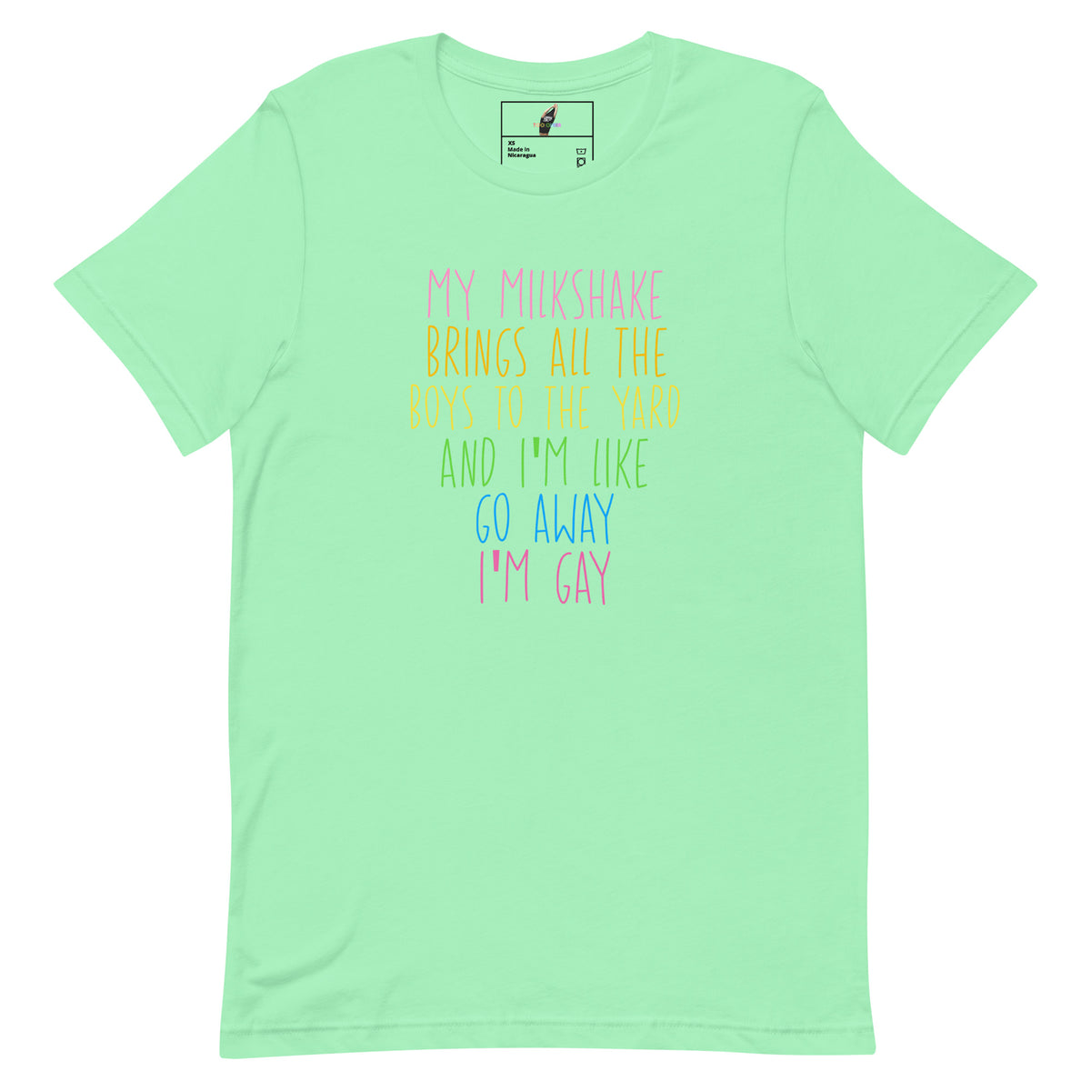 A mint green short-sleeve t-shirt with a colorful text graphic on the front that reads 'MY MILKSHAKE BRINGS ALL THE BOYS TO THE YARD AND I'M LIKE GO AWAY I'M GAY'. The shirt is displayed flat against a solid white background.