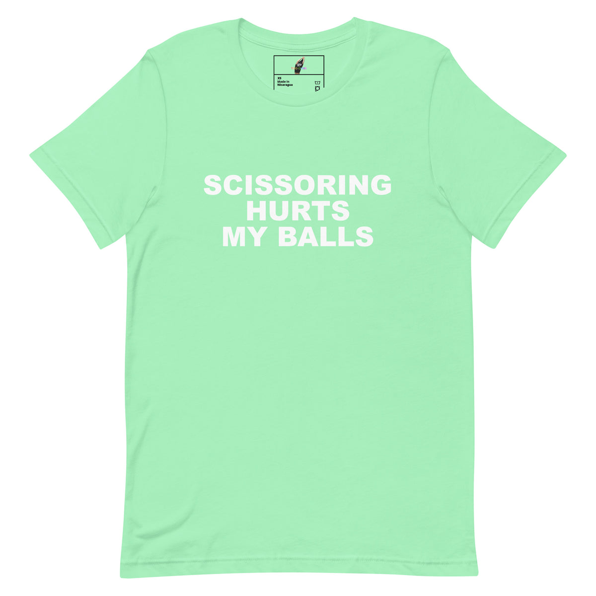 A mint green short-sleeve t-shirt with the phrase 'SCISSORING HURTS MY BALLS' printed in bold white capital letters across the chest, displayed flat against a solid white background.