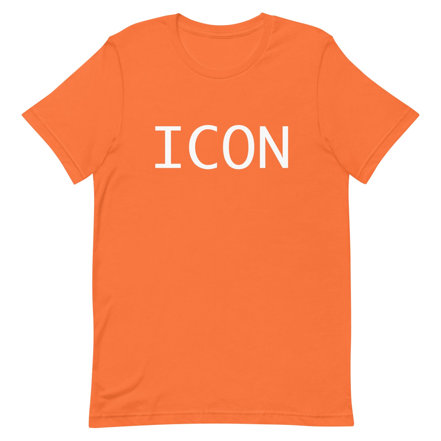 Orange t-shirt with 'ICON' printed on it against a white background