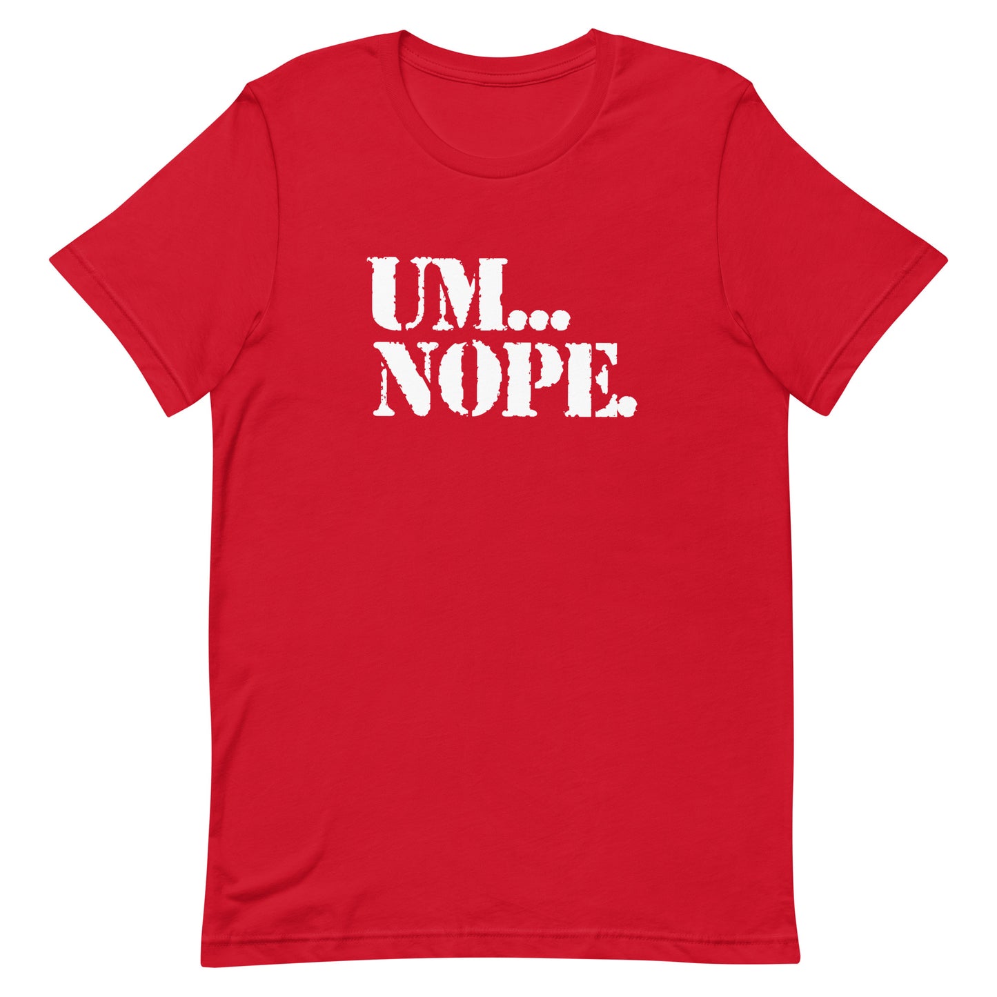 A red short-sleeve crewneck t-shirt with the text 'UM.