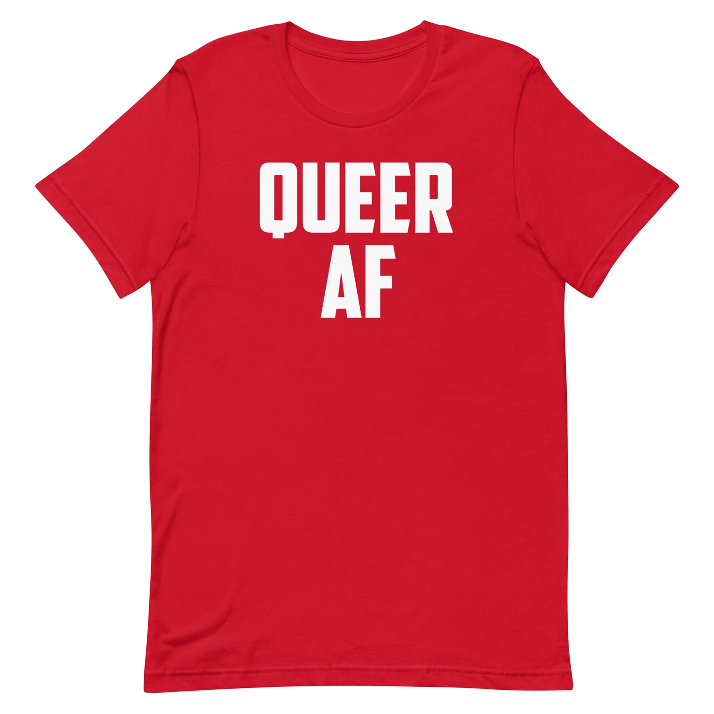 A red short-sleeve crewneck t-shirt with the words 'QUEER AF' printed in bold white capital letters across the chest, shown against a plain white background.