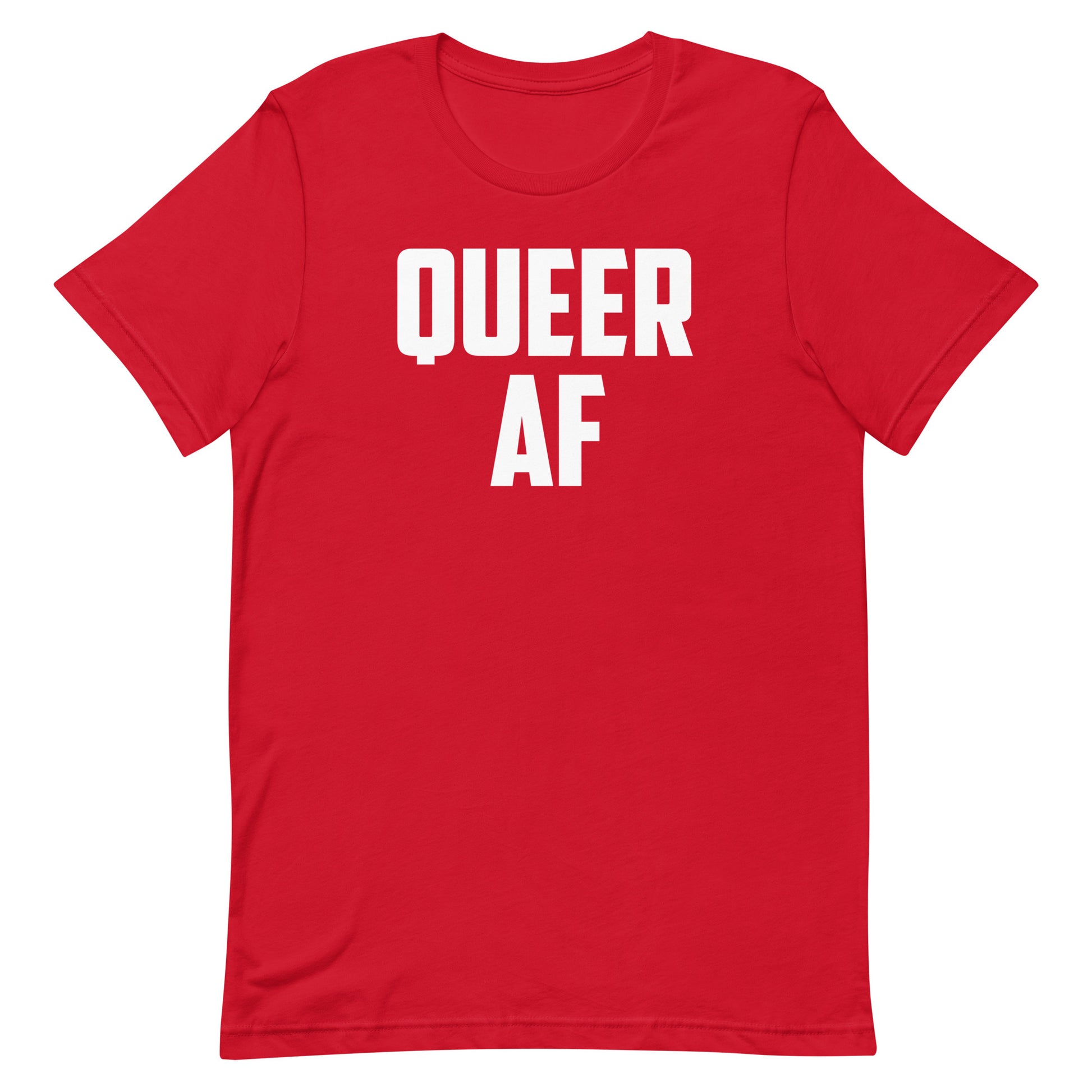 A red short-sleeve crewneck t-shirt with the words 'QUEER AF' printed in bold white capital letters across the chest, shown against a plain white background.