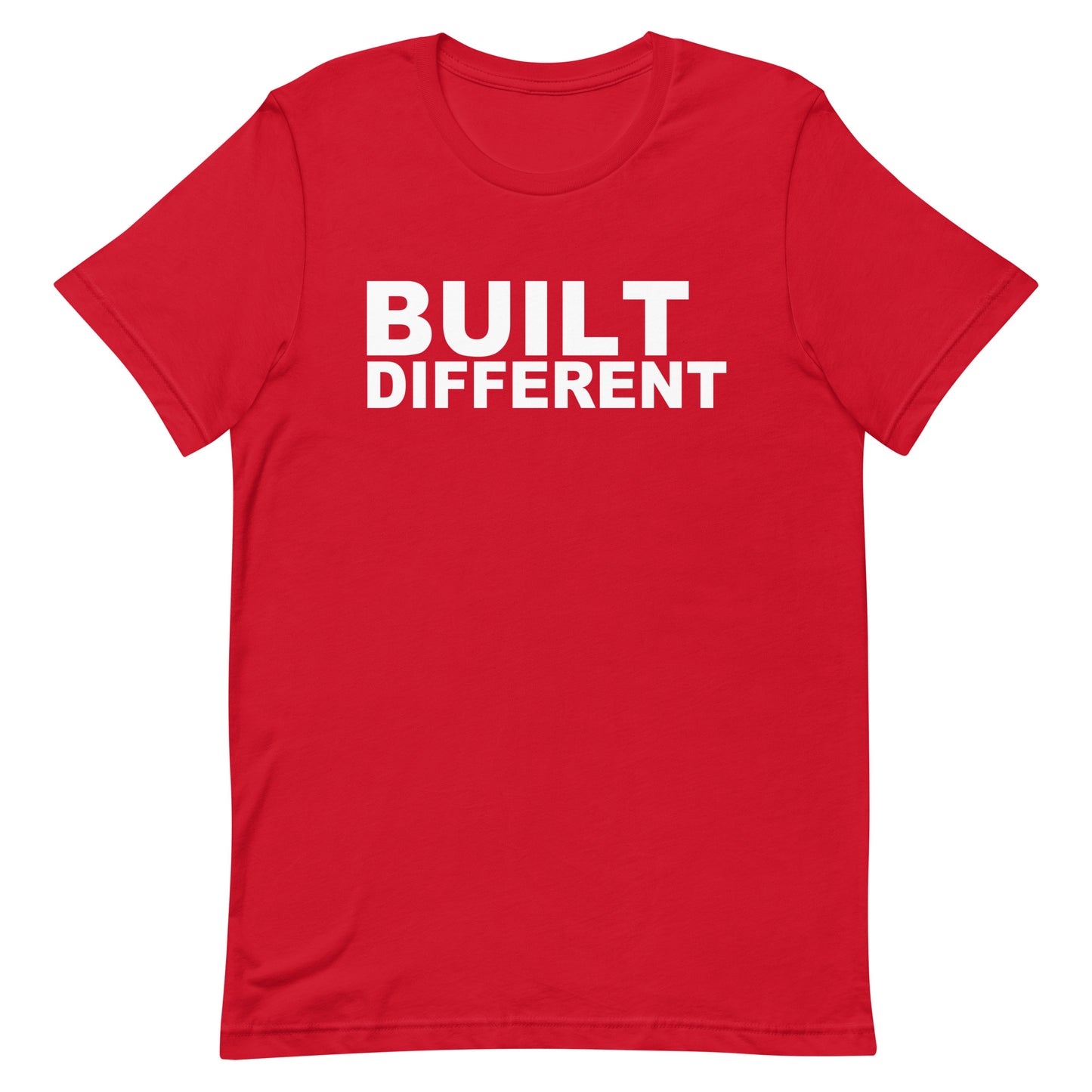 A red short-sleeve crewneck t-shirt with the words 'BUILT DIFFERENT' printed in bold white capital letters across the chest, shown on a plain white background.