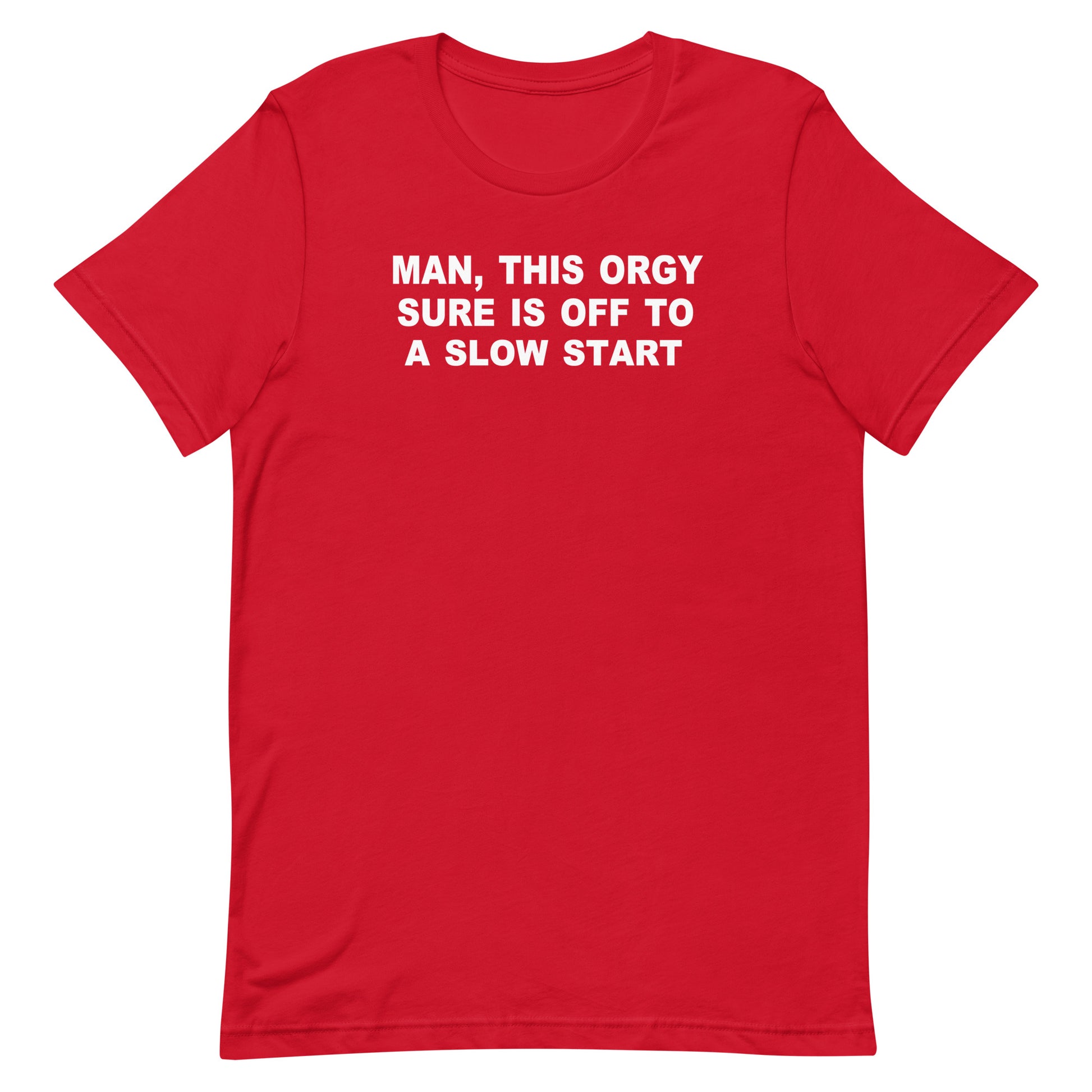 Red t-shirt with white text and graphics on a white background