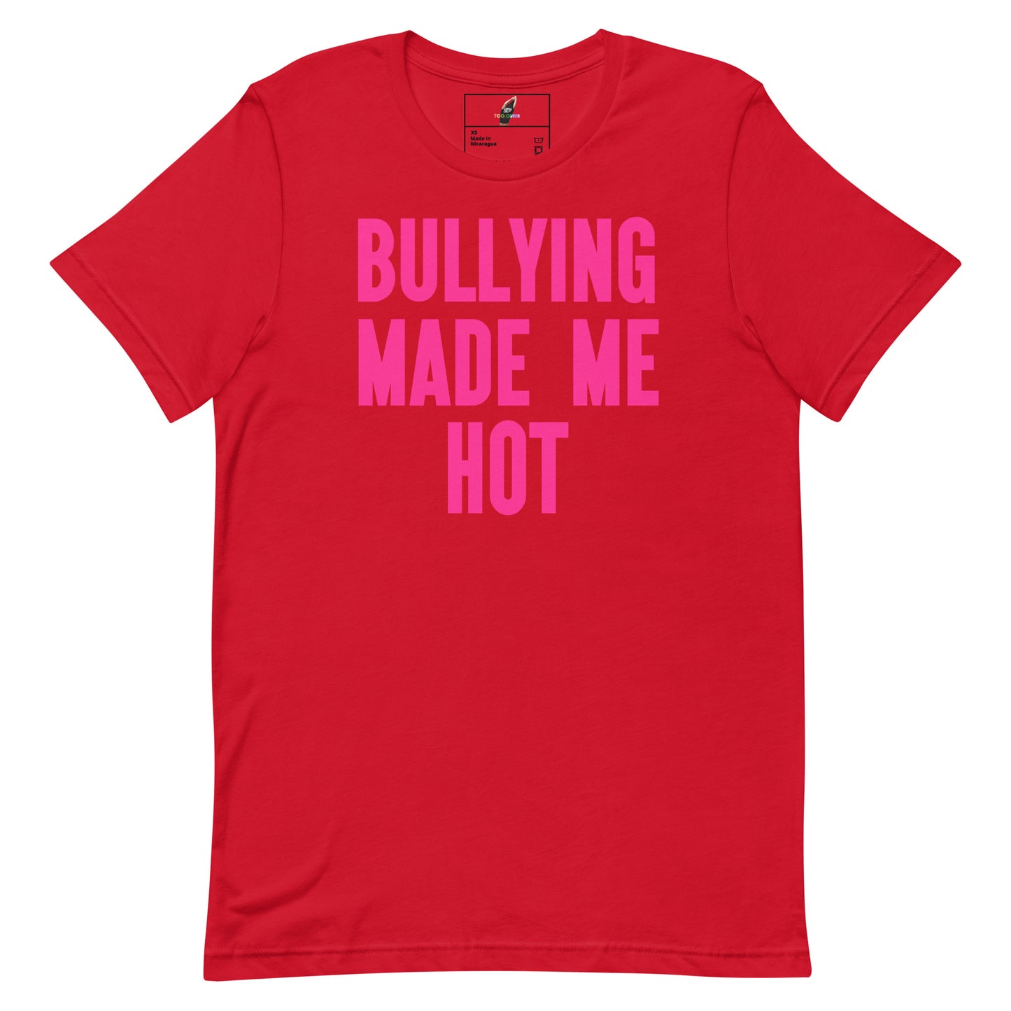 A red short-sleeve crewneck t-shirt with the phrase 'BULLYING MADE ME HOT' printed in bold pink capital letters across the chest, displayed flat against a white background.