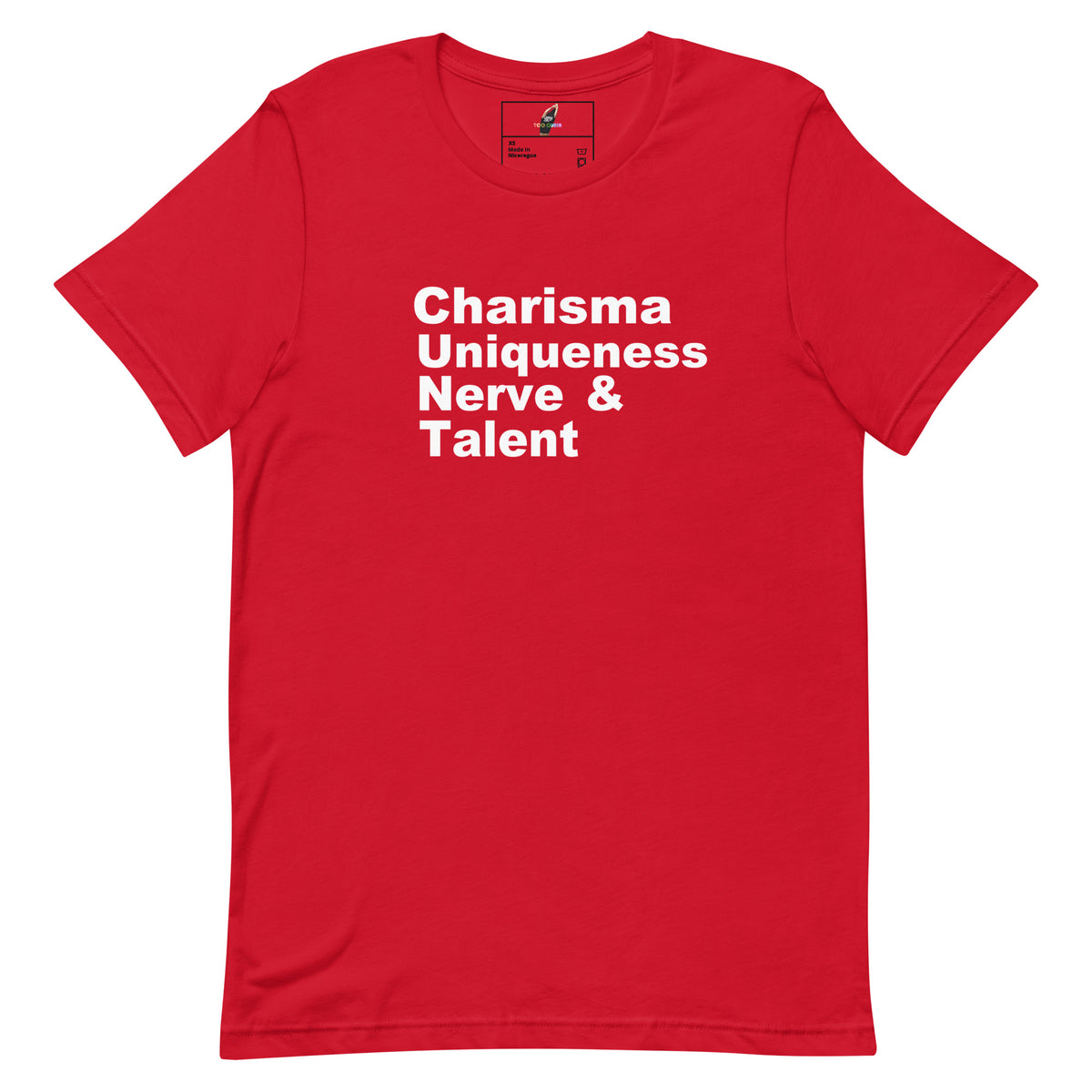 A red short-sleeve crewneck t-shirt with the words 'Charisma Uniqueness Nerve & Talent' printed in white sans-serif text across the chest, displayed on a solid white background.