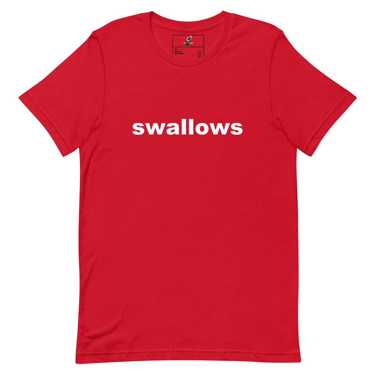 A red short-sleeve crewneck t-shirt with the word 'swallows' printed in white lowercase letters across the chest, displayed flat against a plain white background.