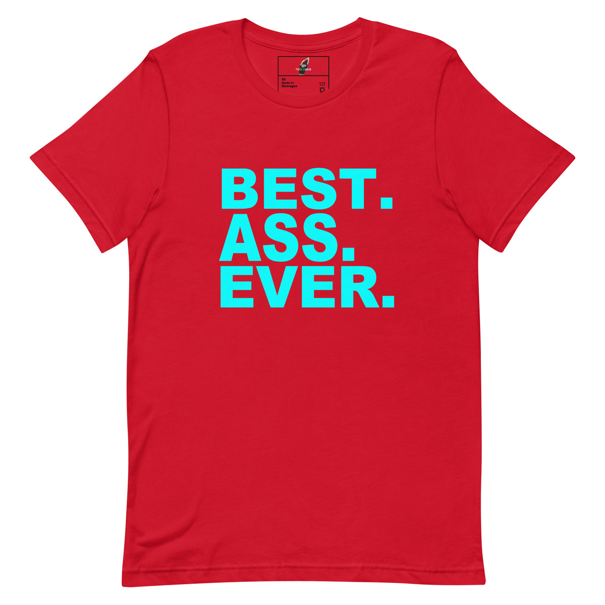 A red short-sleeve crewneck t-shirt with the text 'BEST. ASS.