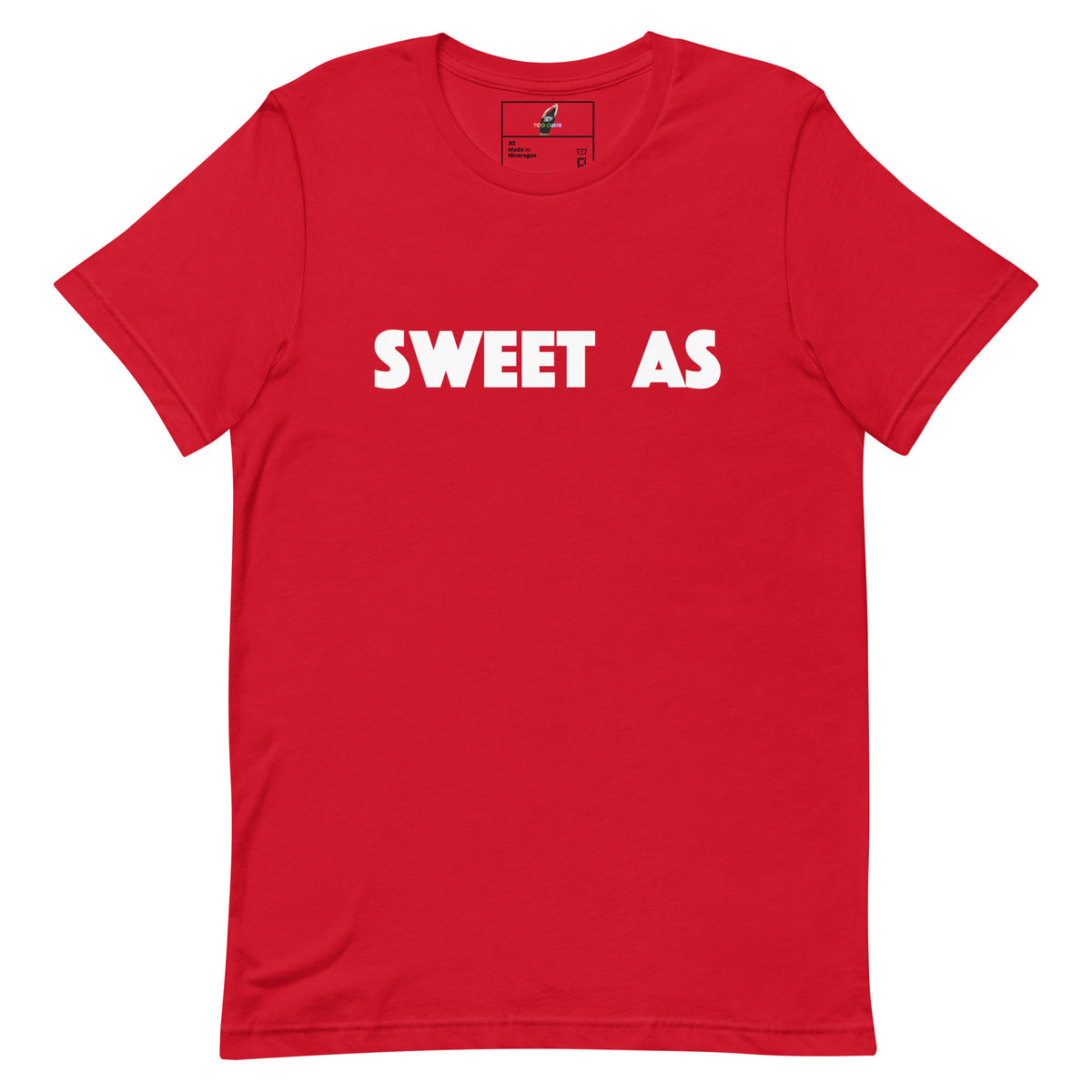 A red short-sleeve crewneck t-shirt with the words 'SWEET AS' printed in bold white capital letters across the chest, displayed flat against a solid white background.