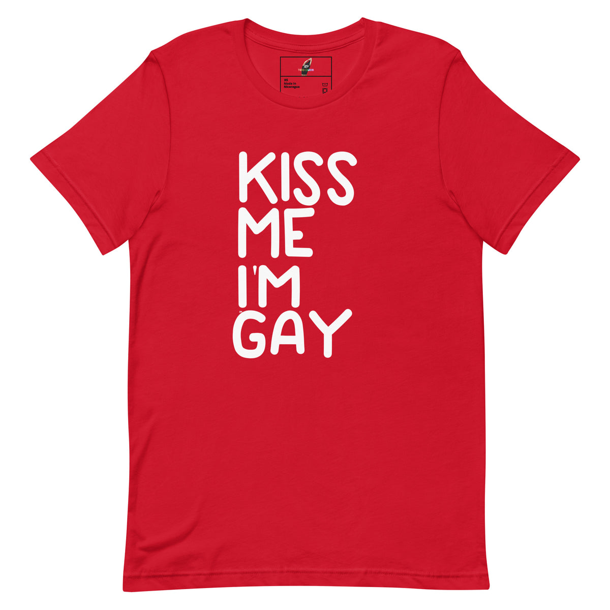 A red short-sleeve crewneck t-shirt with the phrase 'KISS ME I'M GAY' printed vertically in bold white letters on the front, displayed flat against a solid white background.