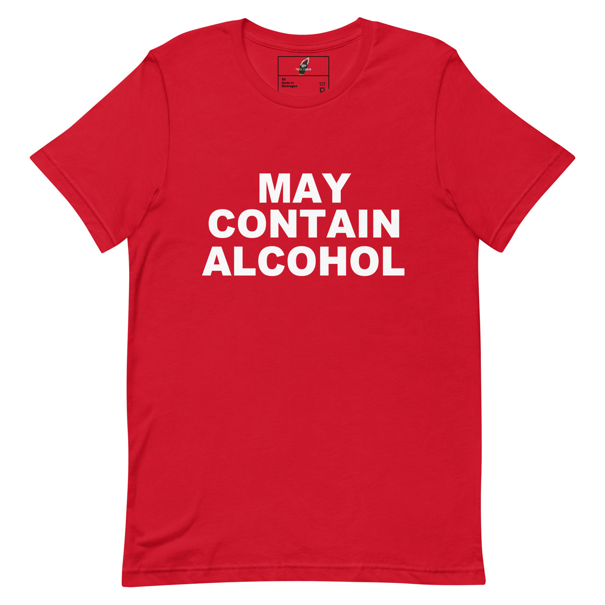 A red short-sleeve crewneck t-shirt with the phrase 'MAY CONTAIN ALCOHOL' printed in bold white capital letters across the chest, displayed flat against a plain white background.