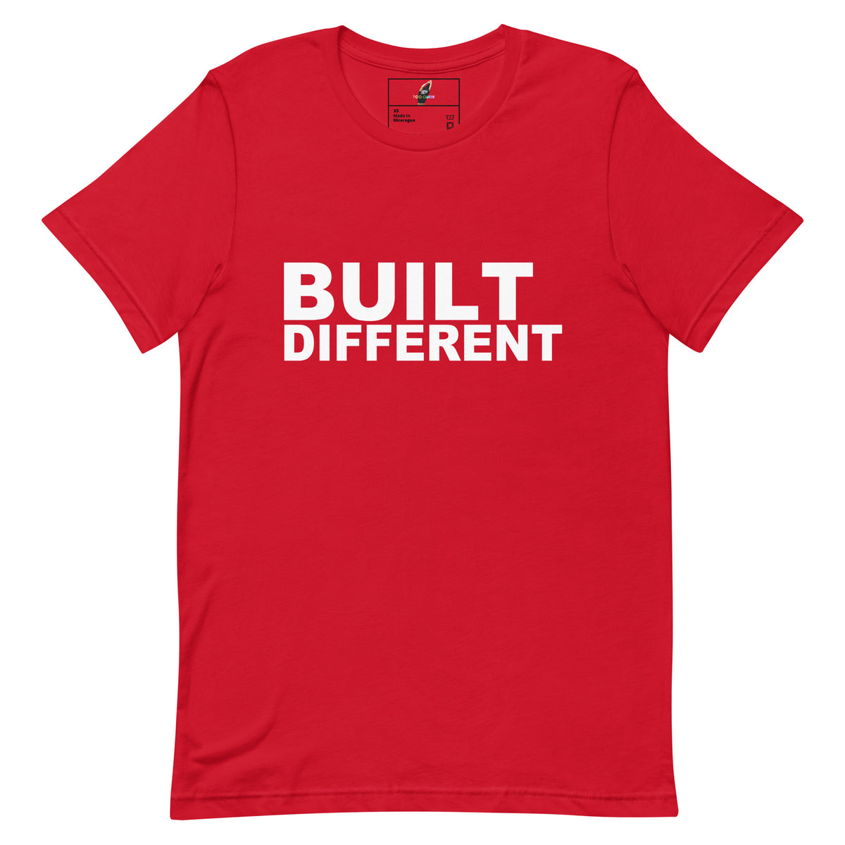 A red short-sleeve crewneck t-shirt with the words 'BUILT DIFFERENT' printed in bold white capital letters across the chest, shown on a plain white background.