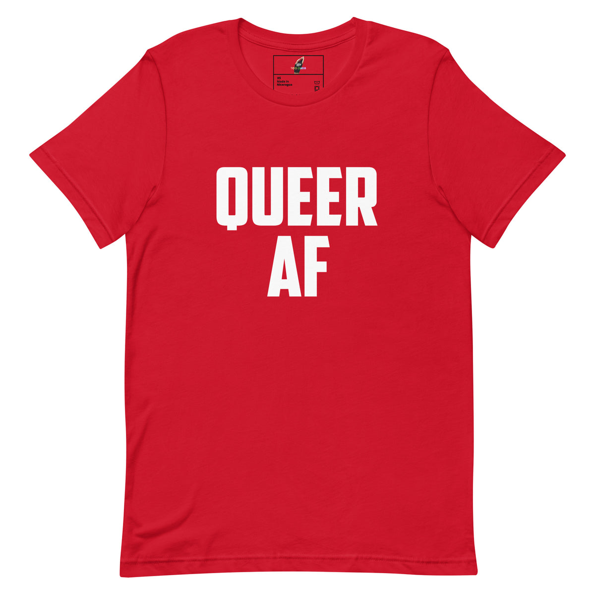 A red short-sleeve crewneck t-shirt with the words 'QUEER AF' printed in bold white capital letters across the chest, shown on a plain white background.