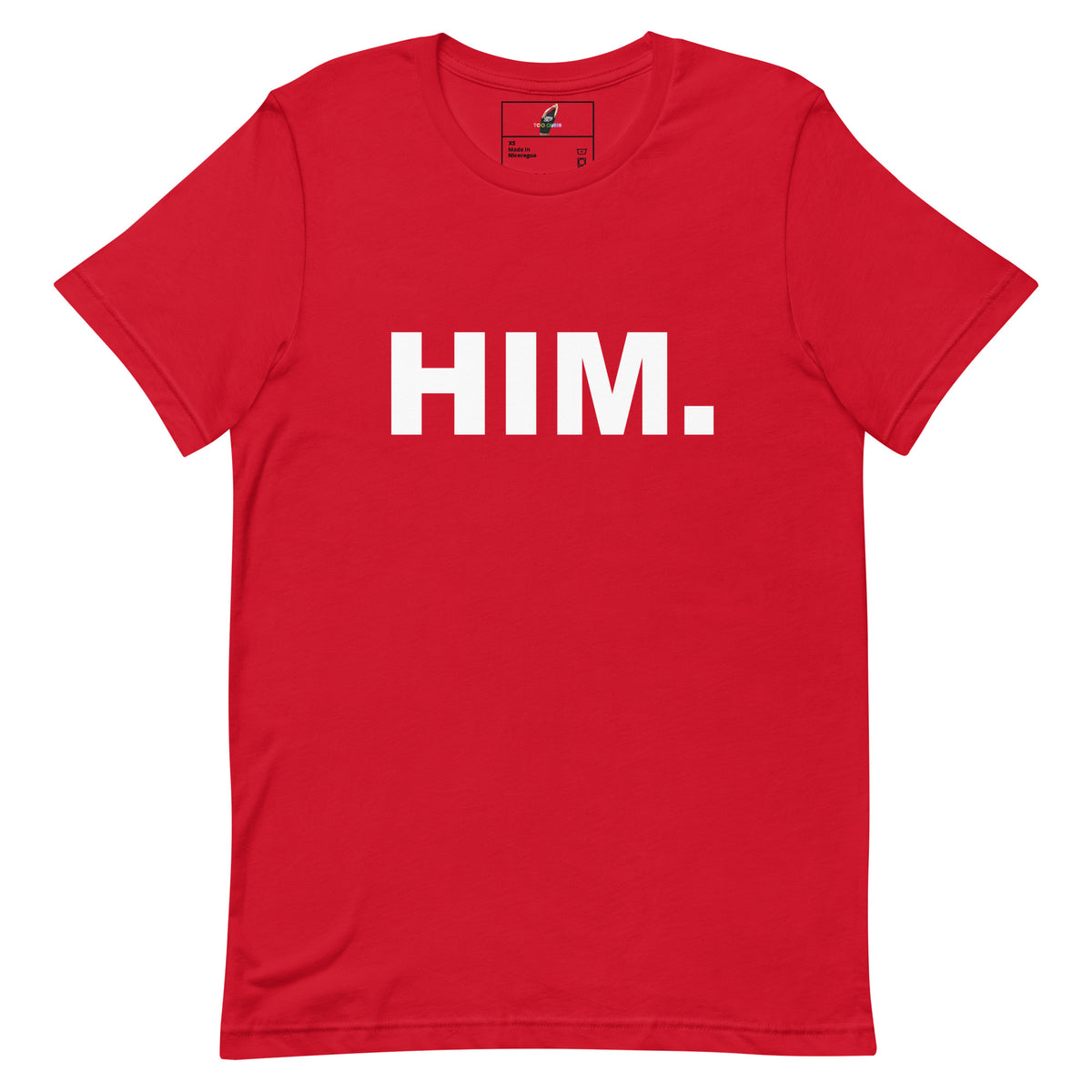 A red short-sleeve crewneck t-shirt with the word 'HIM.' printed in bold white capital letters across the chest, shown flat against a white background.