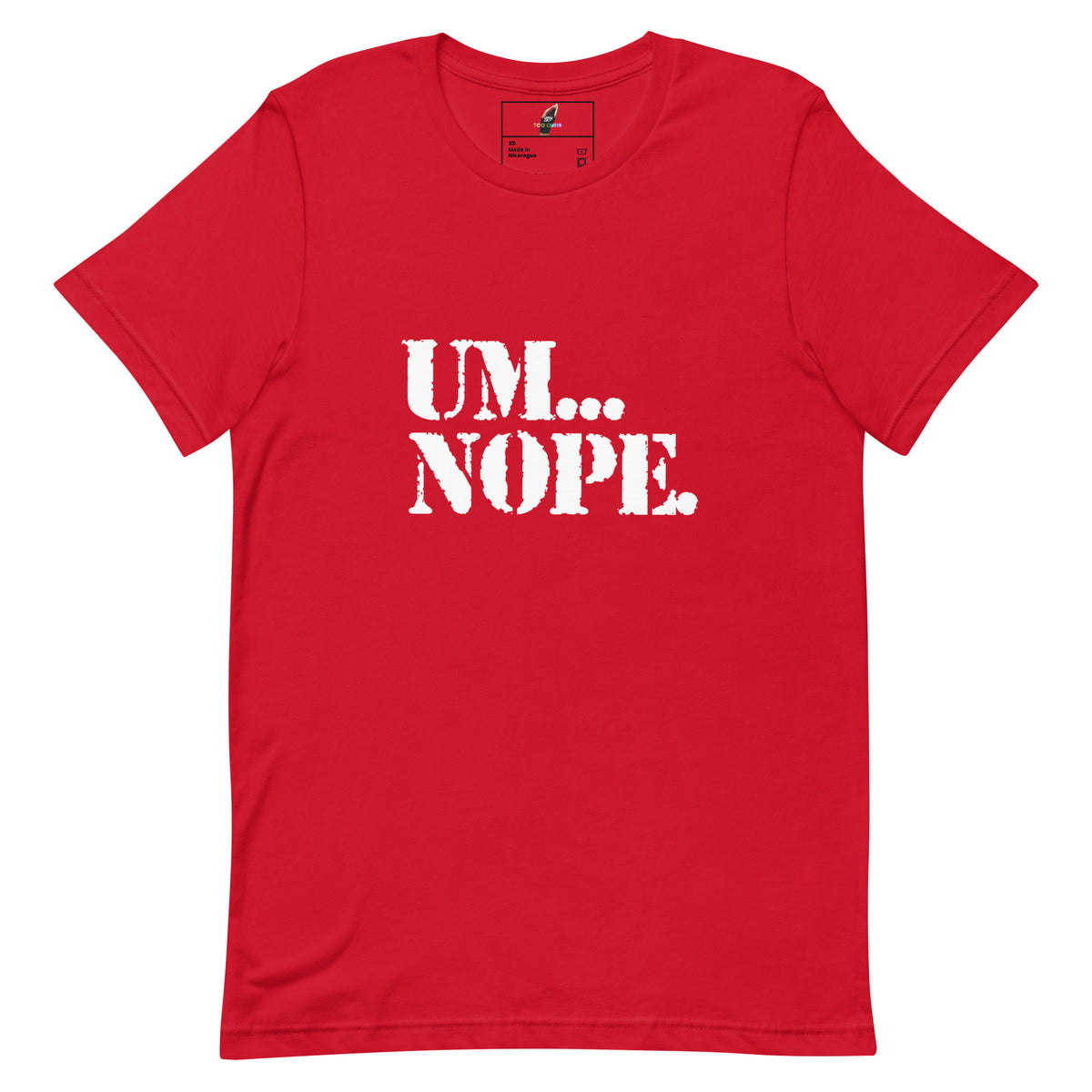 A red short-sleeve crewneck t-shirt with the text 'UM.